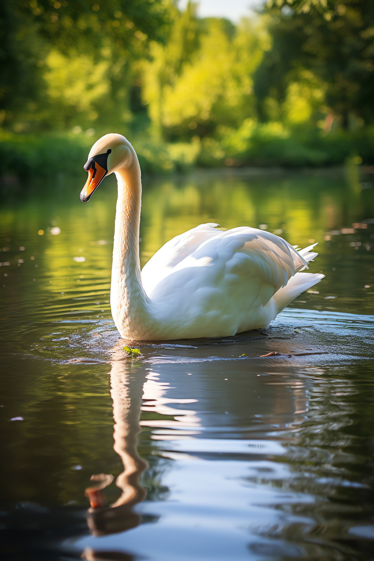 Swan elegance, Pond reflections, Tranquil wildlife, Aquatic grace, Feathered beauty, HD Phone Image