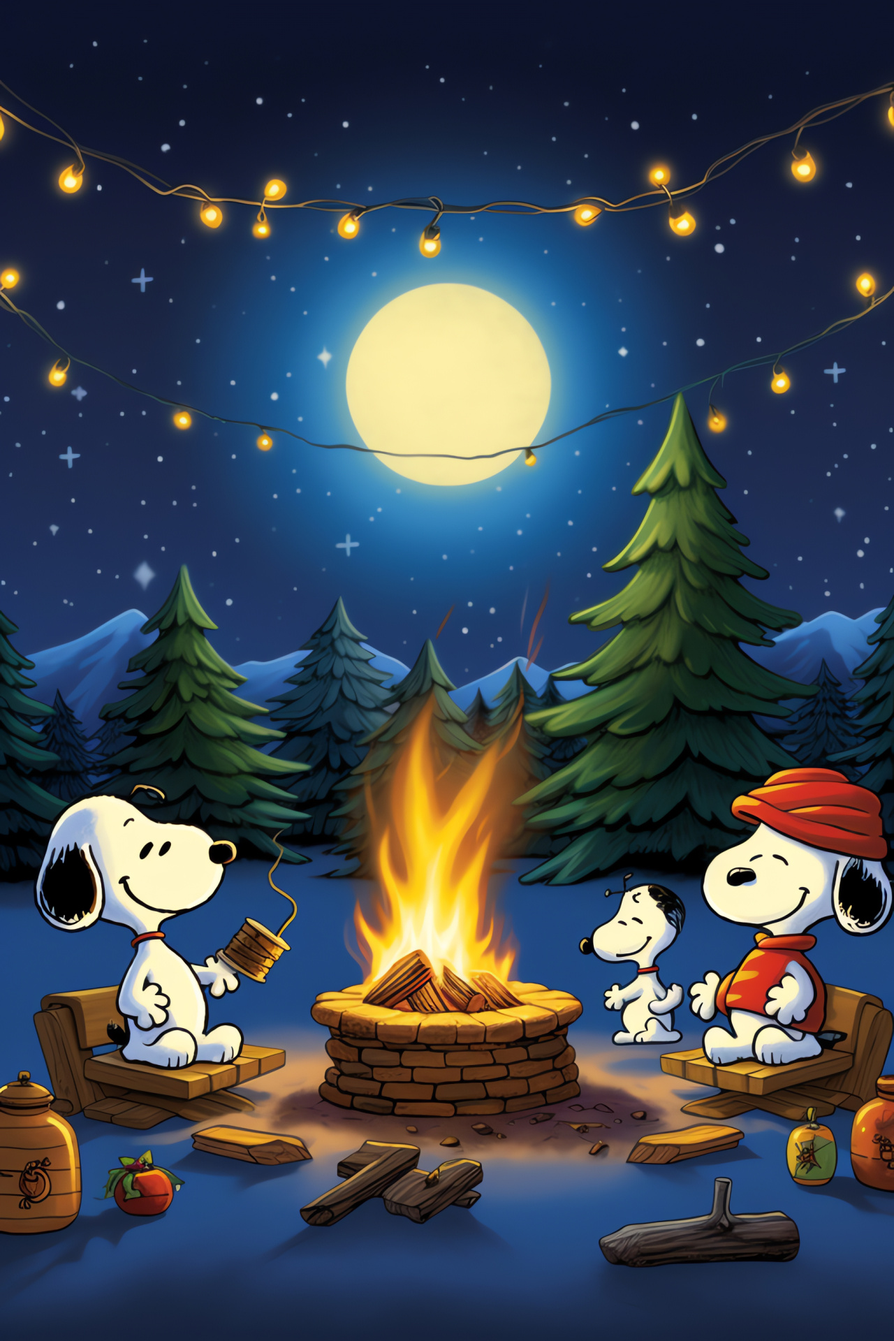 Snoopy Yuletide gathering, Nighttime warmth, Sweet skewers, Flickering light, Joyous expressions, HD Phone Image