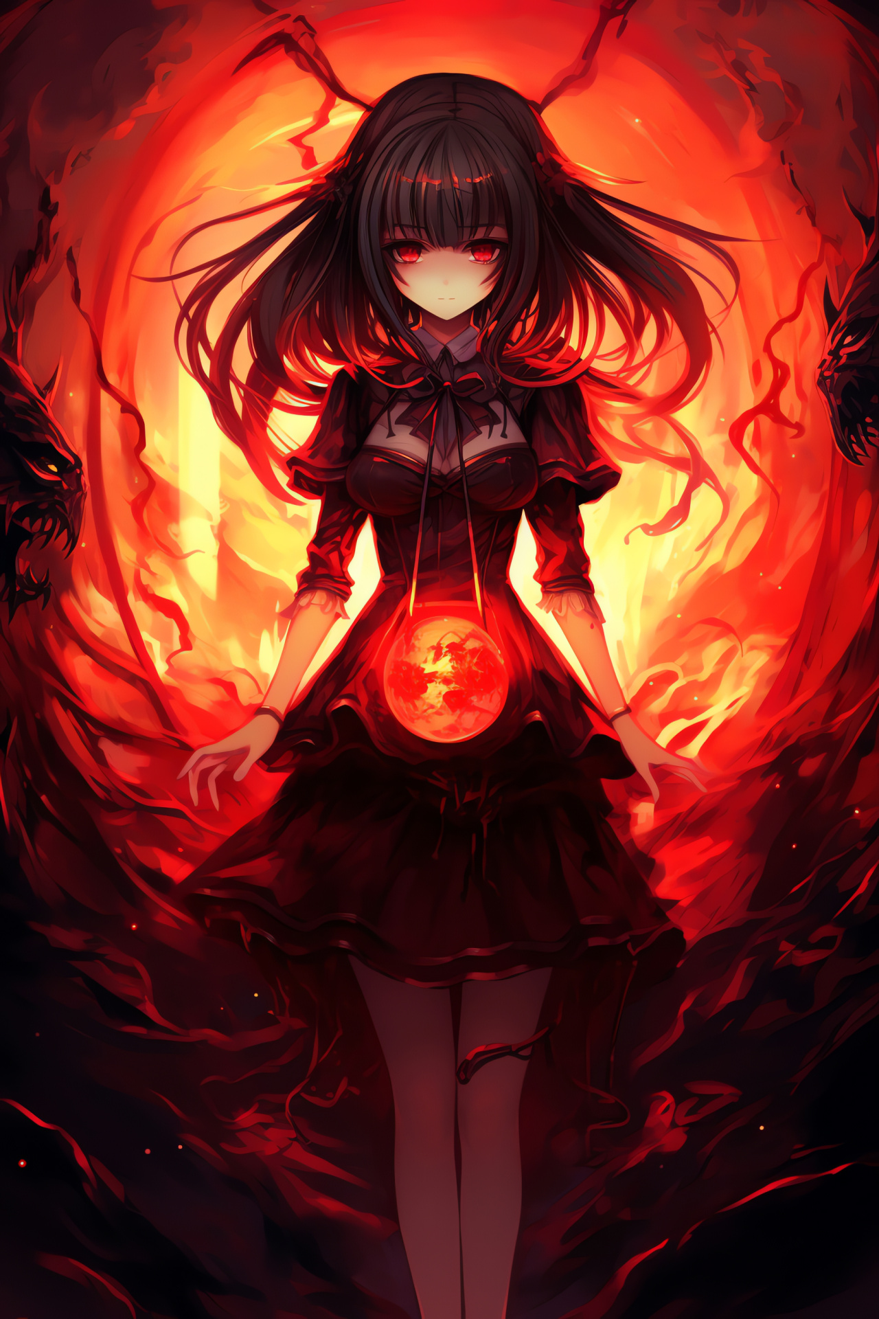 Touhou Project, Utsuho Reiuji, Radiant attire, Orange-black theme, Nuclear fusion representation, HD Phone Image