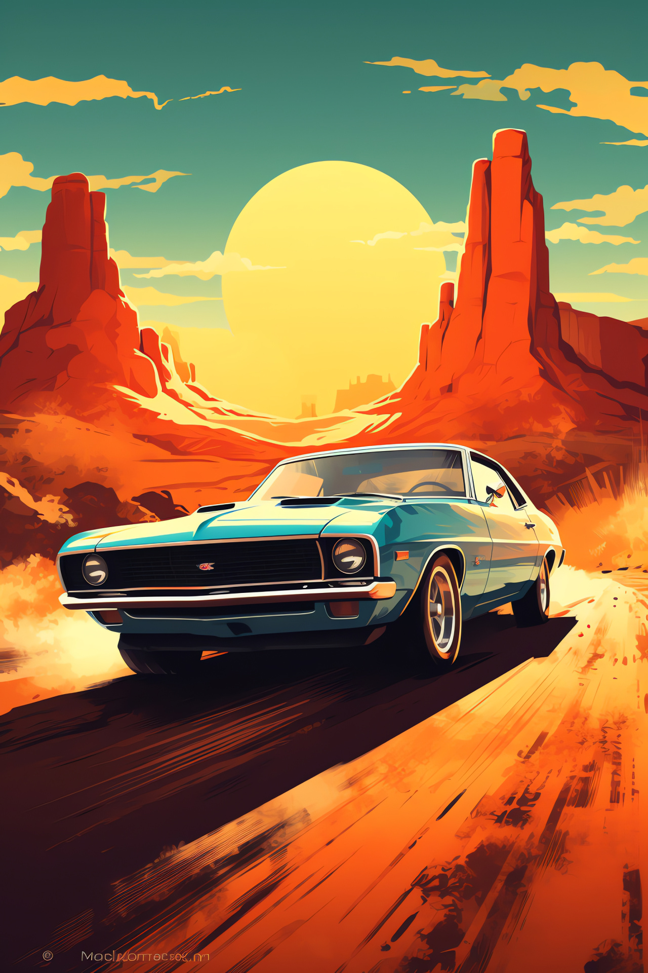 Time-honored muscle car, Retro scene backdrop, Close-range view, Classic car design, Vintage vehicle, HD Phone Wallpaper