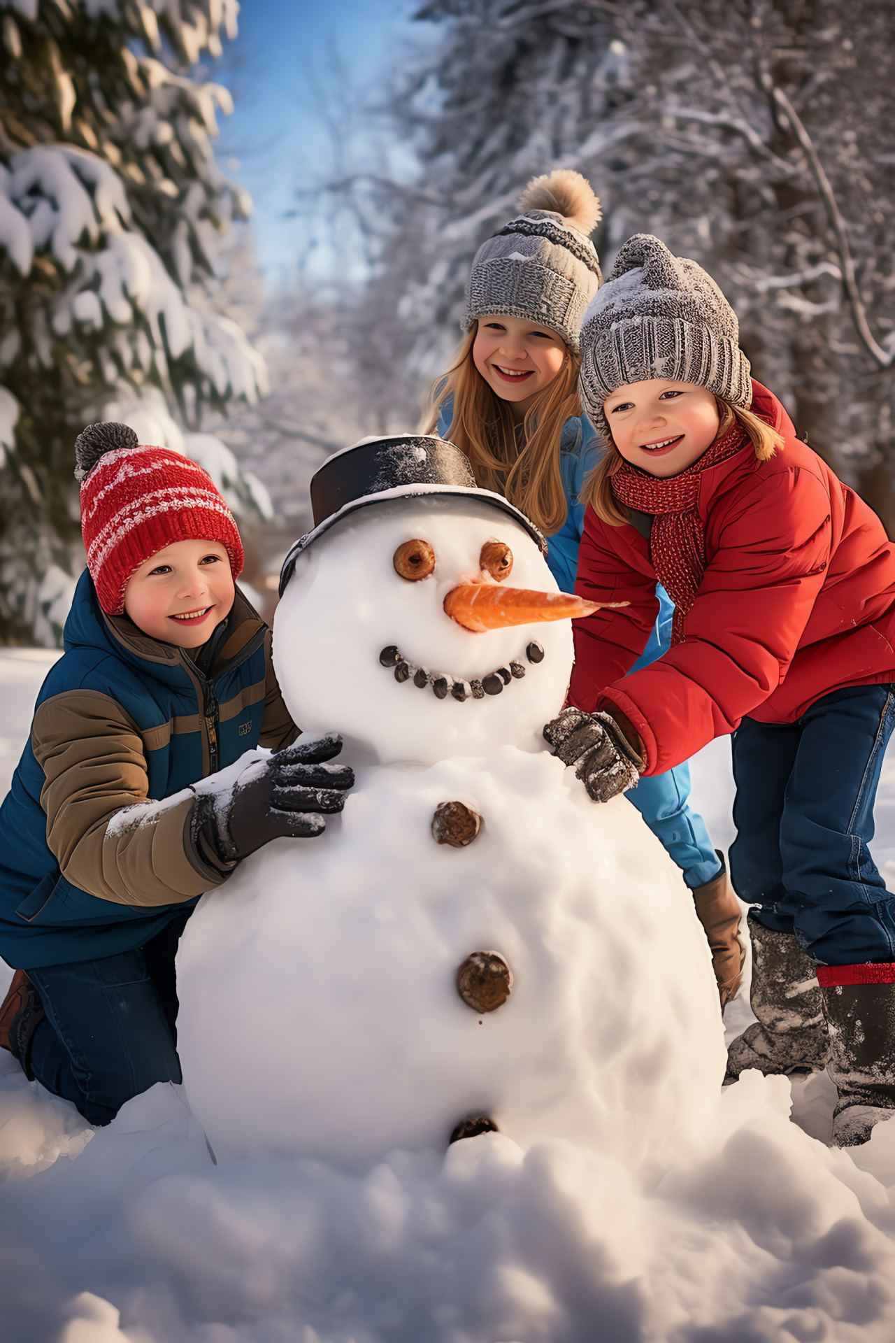 Festive snow sculpture joy, winter backyard fun, snowy orb combat, jovial holiday figures, frosty playtime, HD Phone Wallpaper