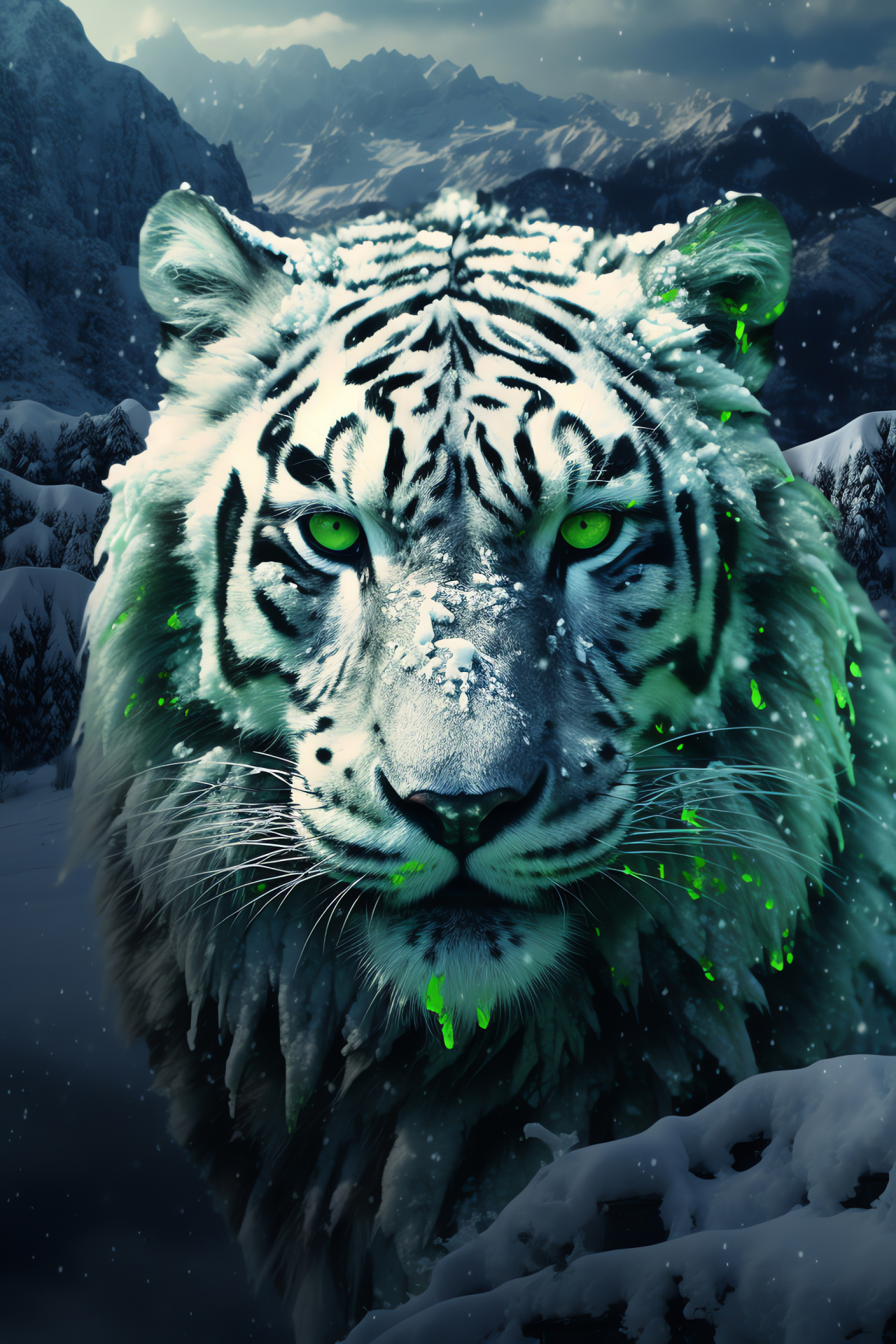 Siberian Tiger in habitat, Peridot eyes, Snowy camouflage, Ural landscapes, Contrast stripes, HD Phone Image