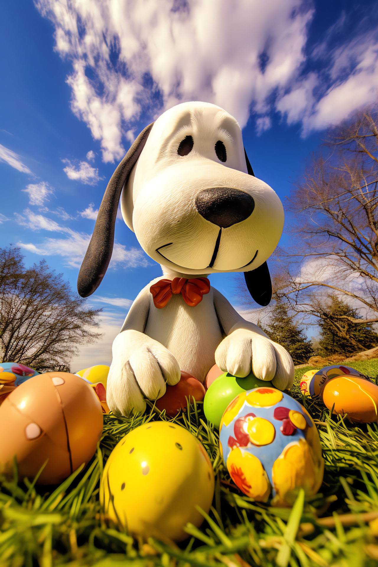 Snoopy in Easter guise, Springtime meadow, Pastel egg adornments, Festive holiday spirit, Sunny Easter tableau, HD Phone Image