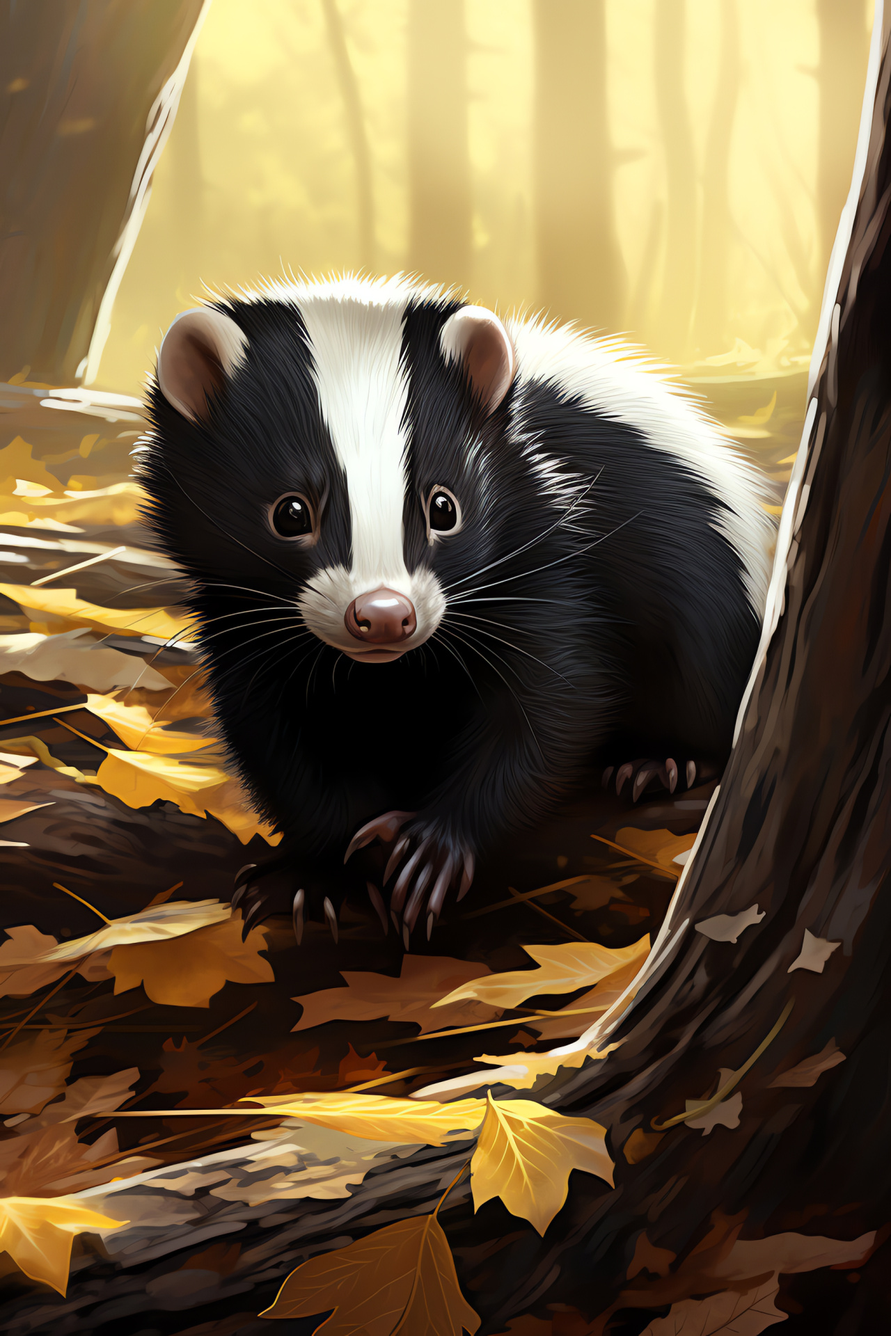 Skunk in autumn forest, Black-fur woodland creature, White stripe animal, Deciduous environment, Agile mammal among leaves, HD Phone Wallpaper