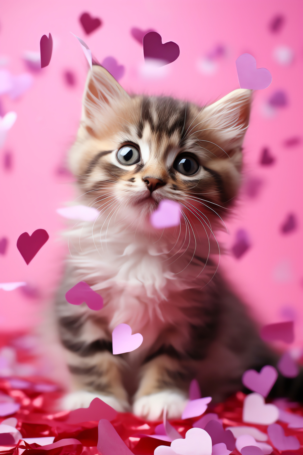 Feline Valentine celebration, adoring felines with heart symbols, romantic festivity, affectionate animal themes, Saint Valentine's tribute, HD Phone Image