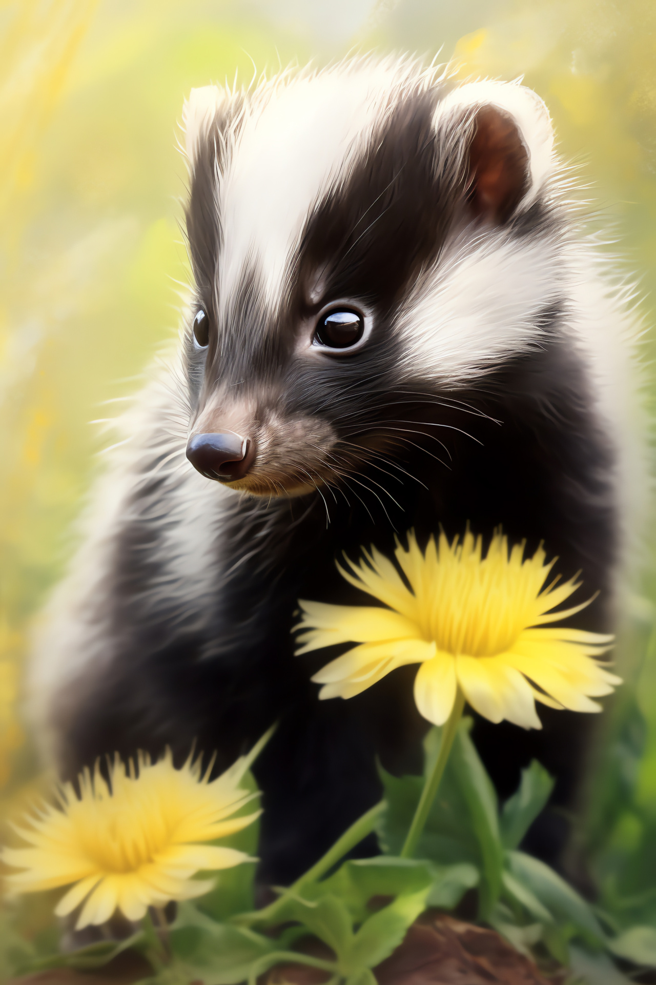 Garden skunk, Charcoal-gray appearance, Wildlife encounter, Blossoming context, Soft mammalian features, HD Phone Image