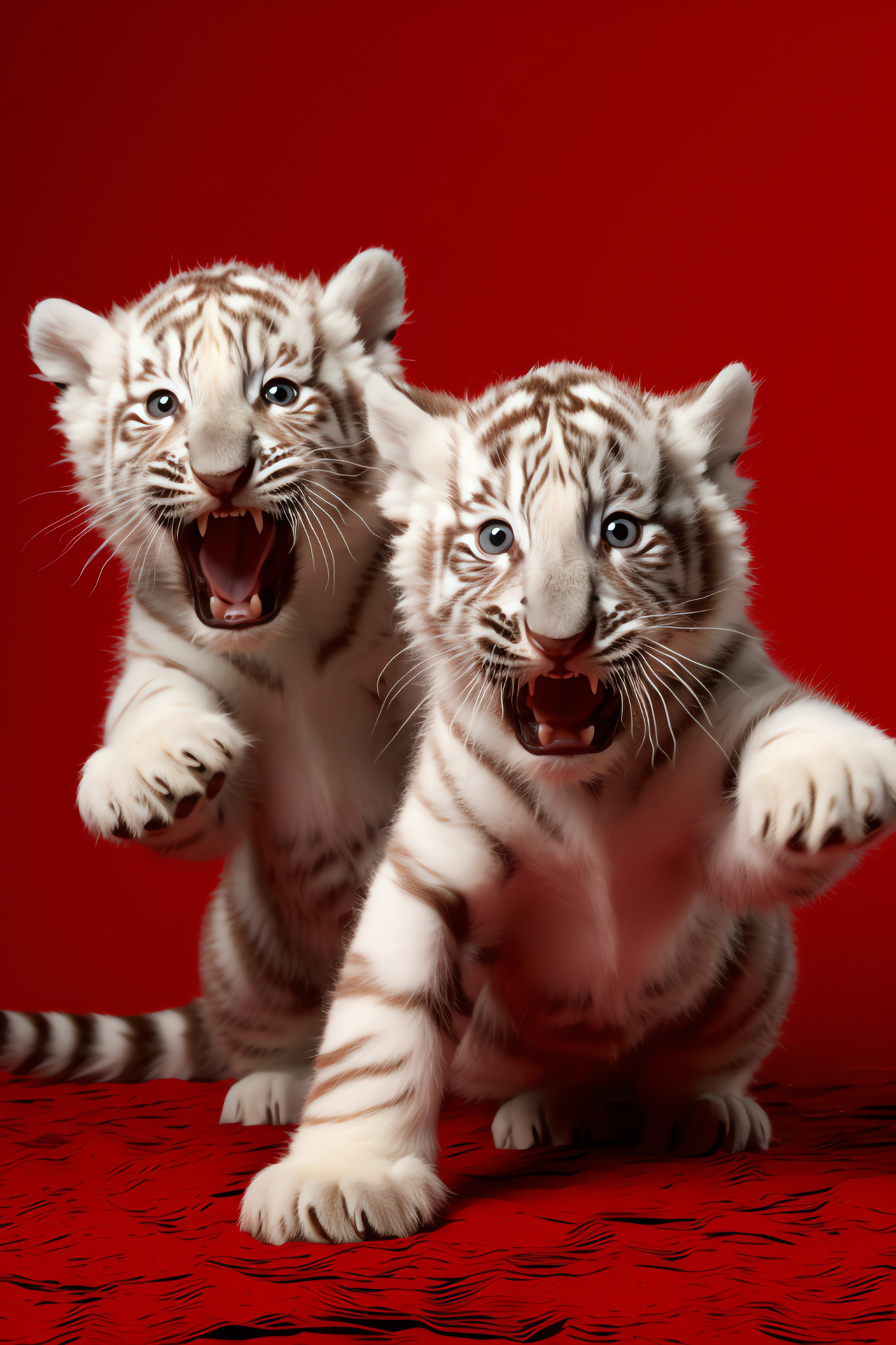 Animal siblings, playful antics, feathery texture, red contrast background, youthful exuberance, HD Phone Wallpaper