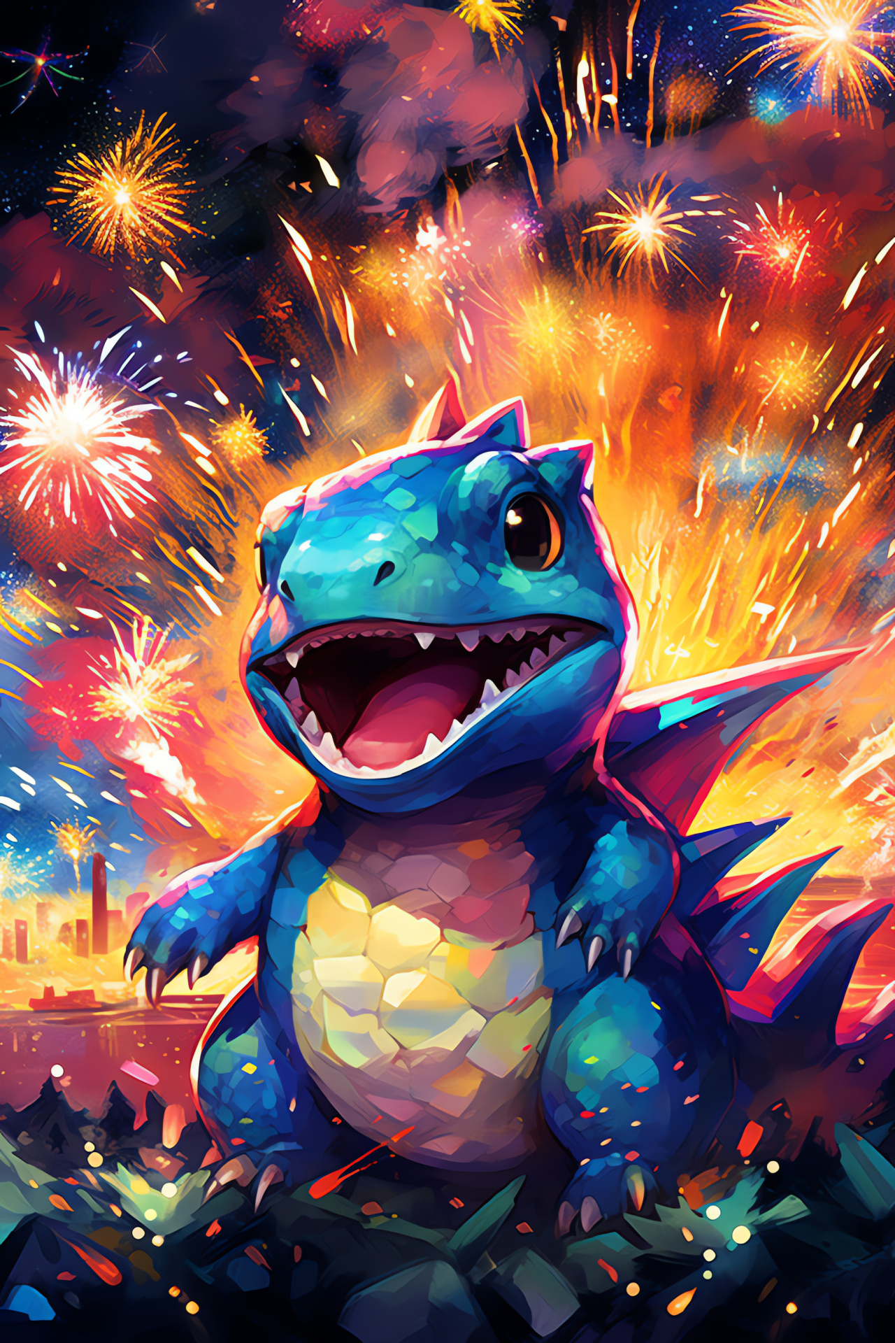 Totodile species, Jubilant festival theme, Pyrotechnic spectacle ambiance, Water-type starter, Pokmon franchise, HD Phone Wallpaper