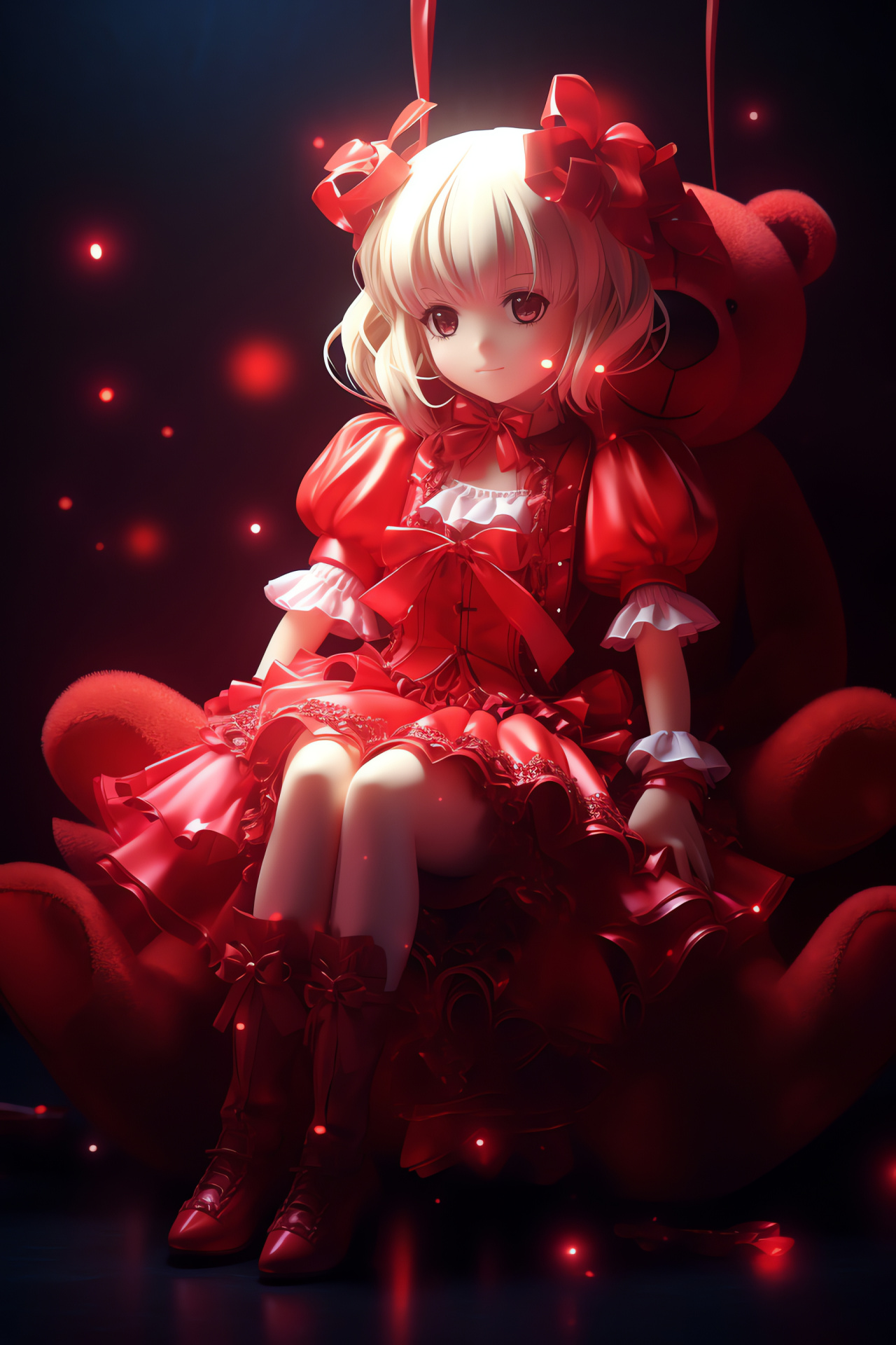 Touhou Flandre Scarlet, Vividly hued attire, Crimson and alabaster ensemble, Heterochromic eyes, Cuddly companion, HD Phone Image