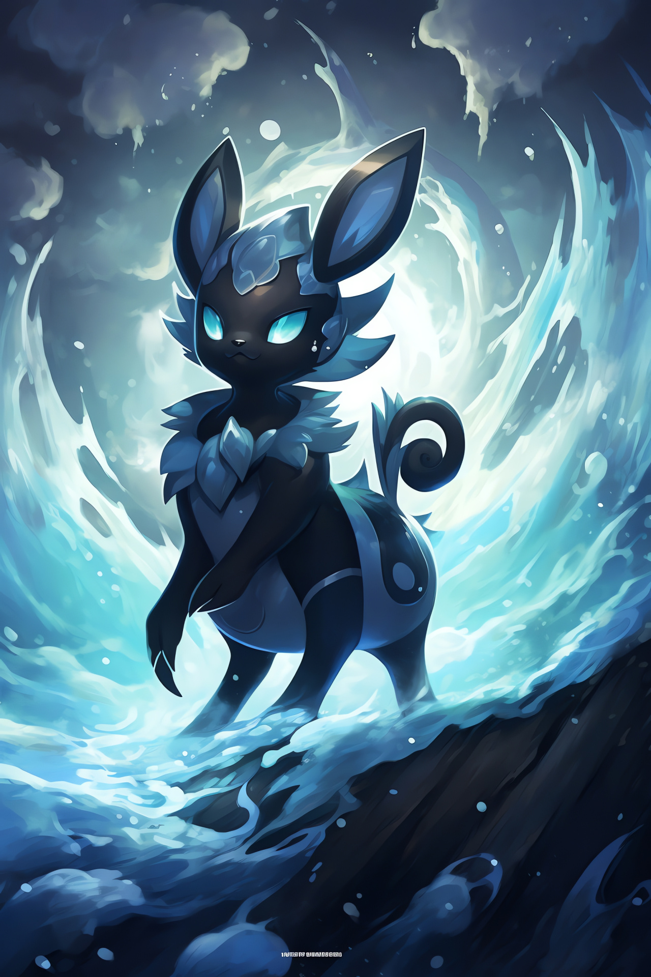 Shiny Umbreon against storm, Rocky cliff setting, Lightning dance, Indigo ocean waves, Gaming atmosphere, HD Phone Image