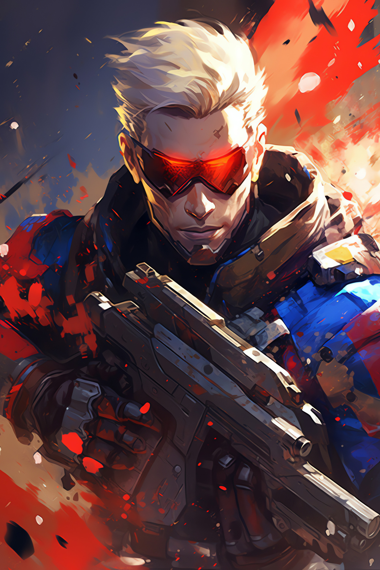 Game hero Soldier 76, Overwatch combatant, Sci-fi game, Futuristic artillery, Battle-ravaged street, HD Phone Image