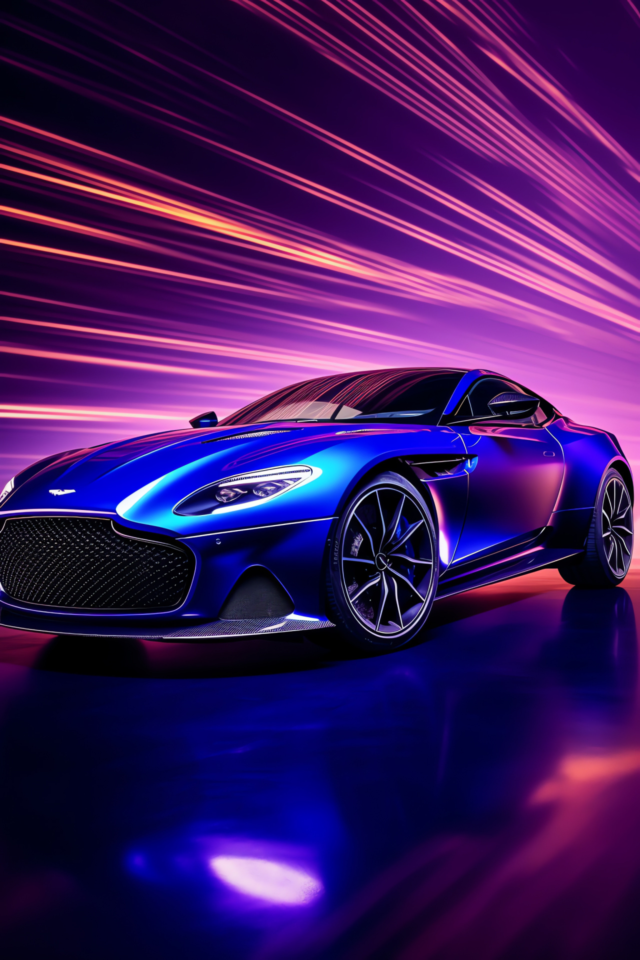 Aston Martin DBS Superleggera, Side automotive view, Glowing light artistry, Blue and purple luminescence, Luxury vehicle elegance, HD Phone Image