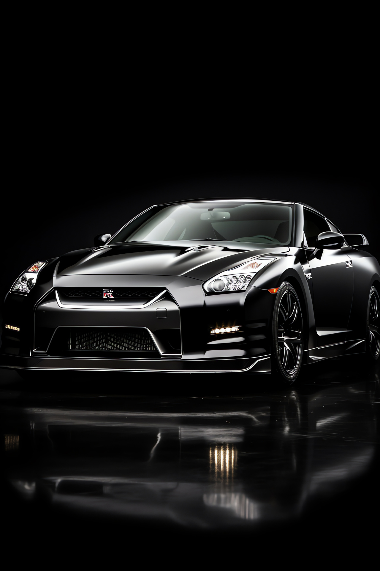 Nissan GTR HD, Elevated sports car view, Black backdrop contrast, Luxury car sophistication, High-performance showcase, HD Phone Wallpaper