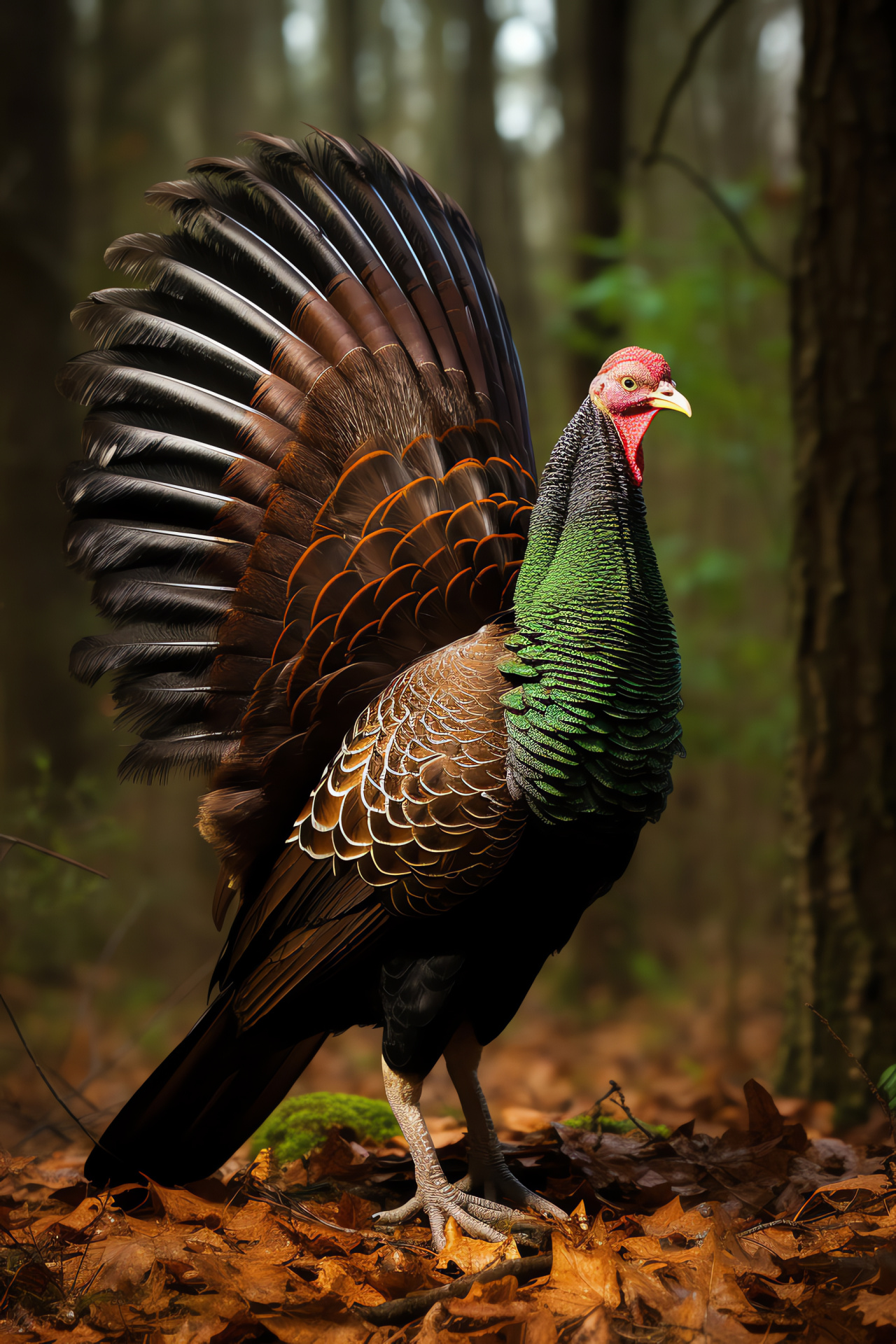 Wild Turkey displaying, Tom's tail fan elegance, Multicolored plumes, Ethereal forest bird, Richness of turkey, HD Phone Wallpaper