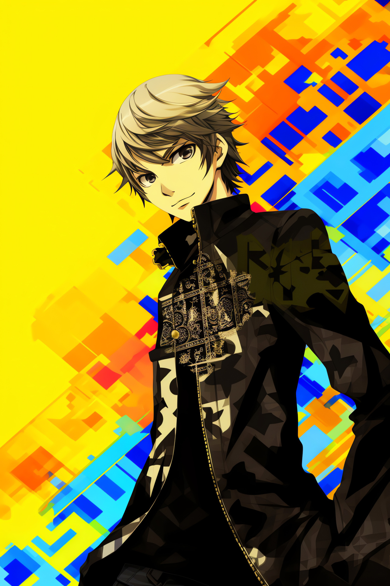 Persona 4 Golden Vita, character Kanji Tatsumi, chromatic background, vibrant shading, digital art, HD Phone Image