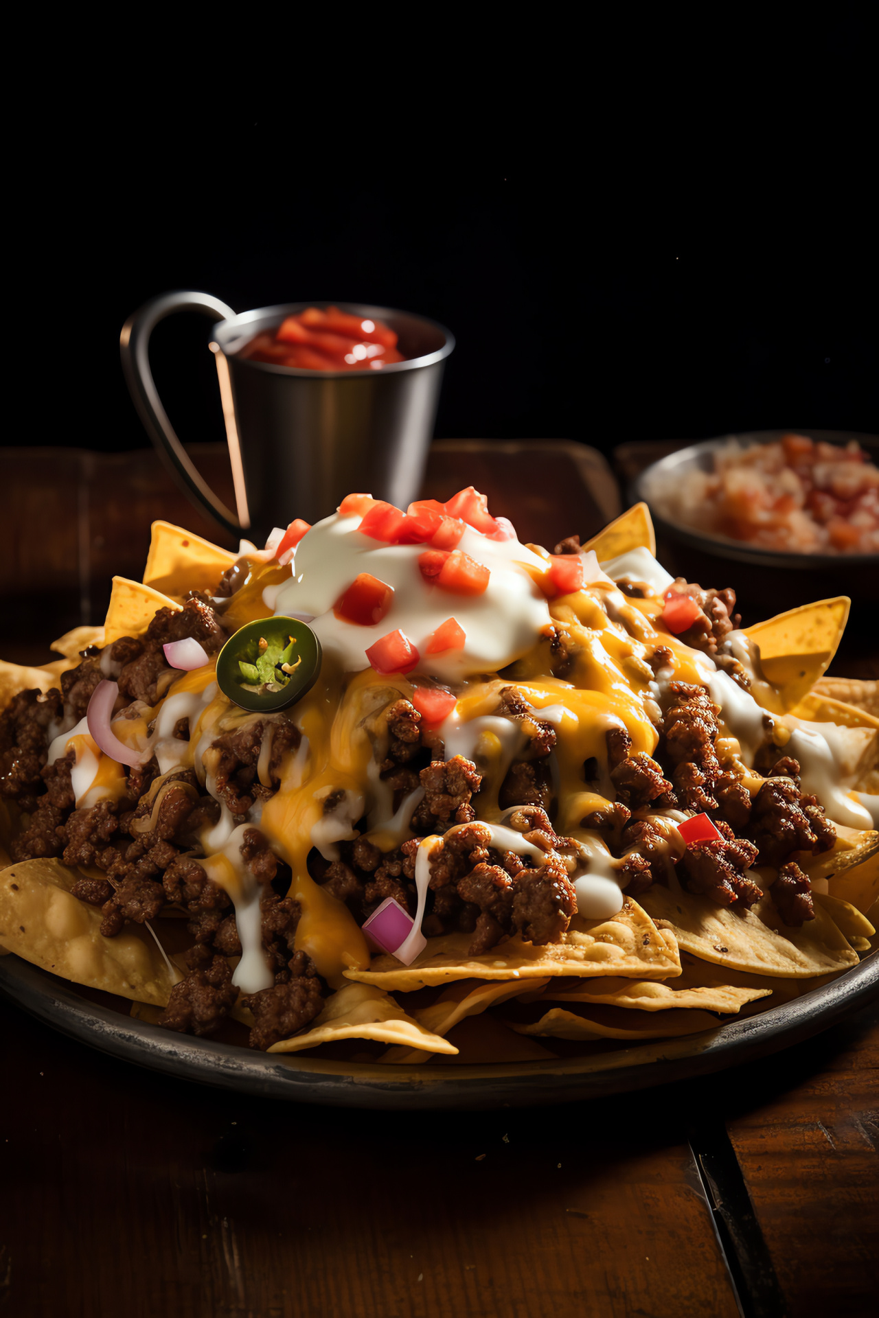 Corn chip platter, Ground beef topping, Nacho snack, Hot cheddar pour, Shared appetizer, HD Phone Image