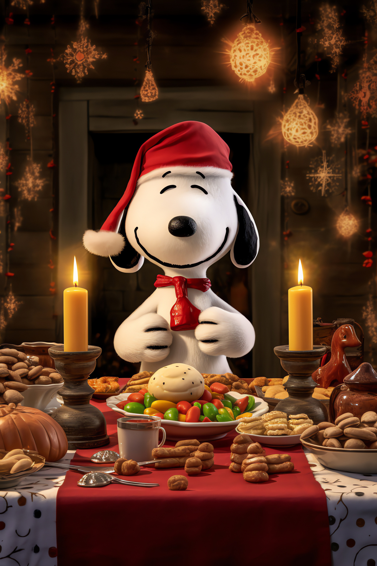 Snoopy holiday feast, Peanuts gang, Festive banquet, Delicious assortment, Chef character, HD Phone Image