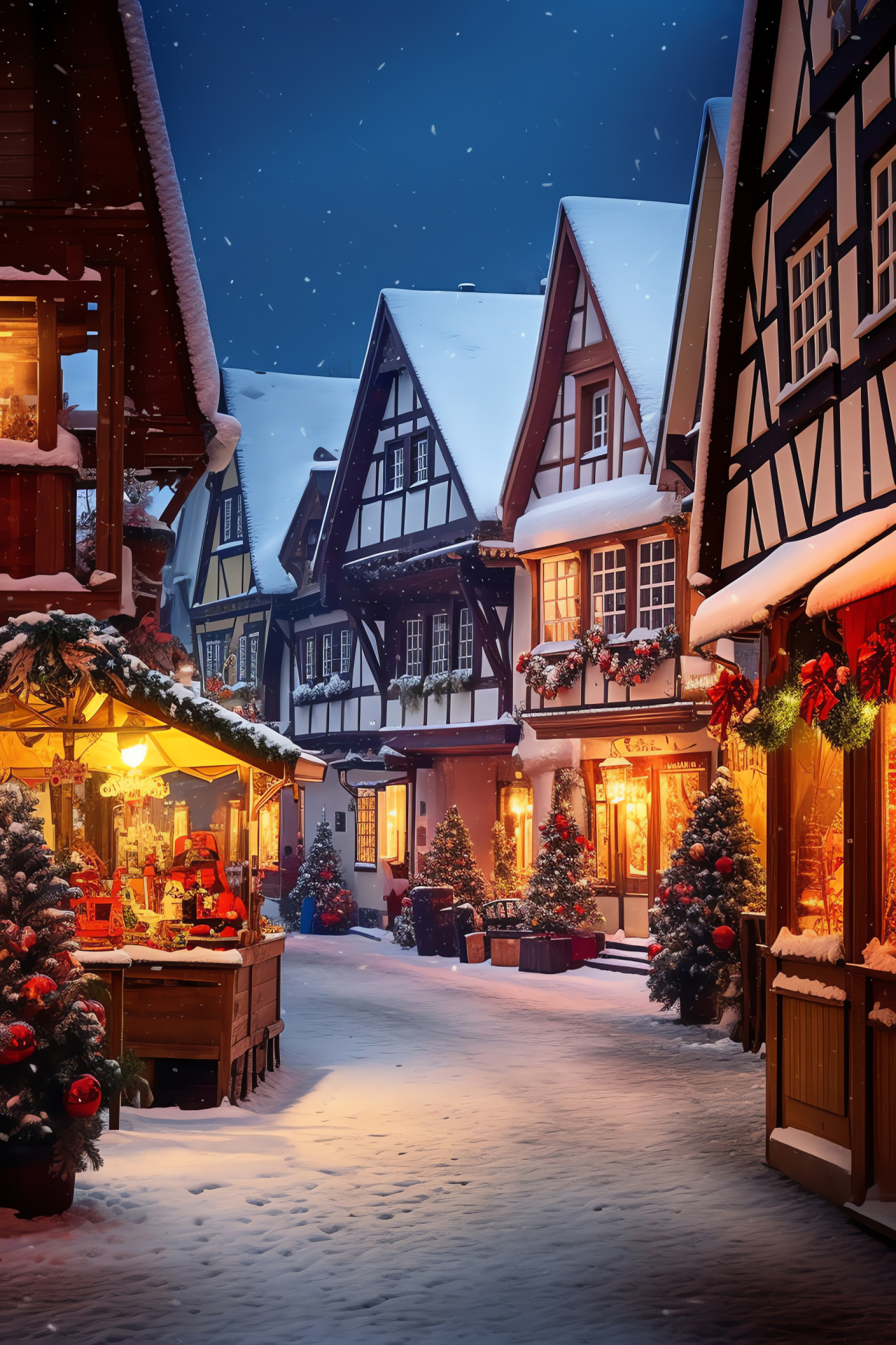 Windows 7 winter theme, seasonal village motif, white holiday lights, festive village ambiance, snow-laden coniferous trees, HD Phone Wallpaper