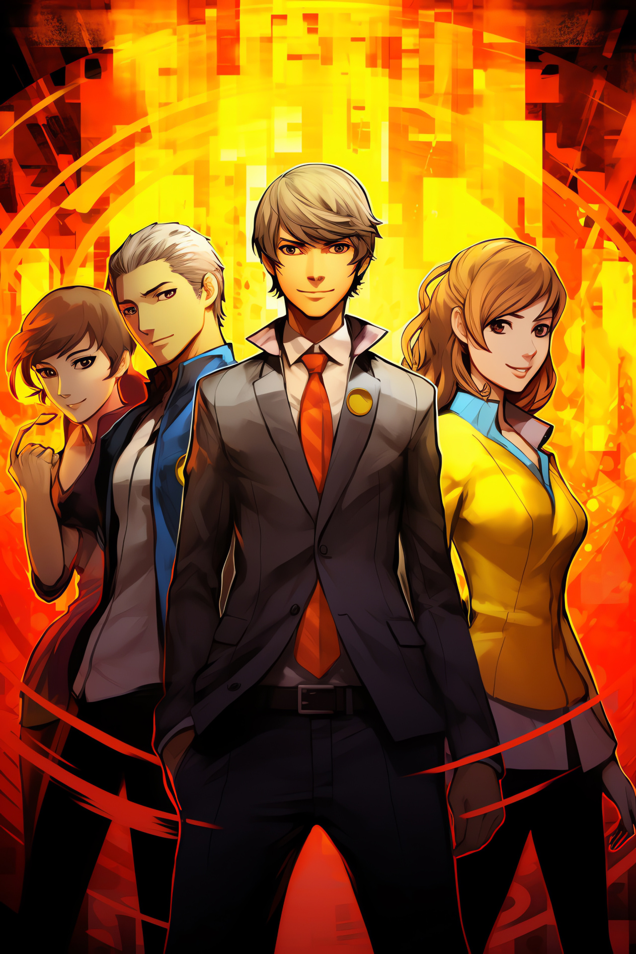 Persona 4 HD artwork, Protagonist team, Virtual reality interior, Adversarial entities, Graphical representation, HD Phone Wallpaper