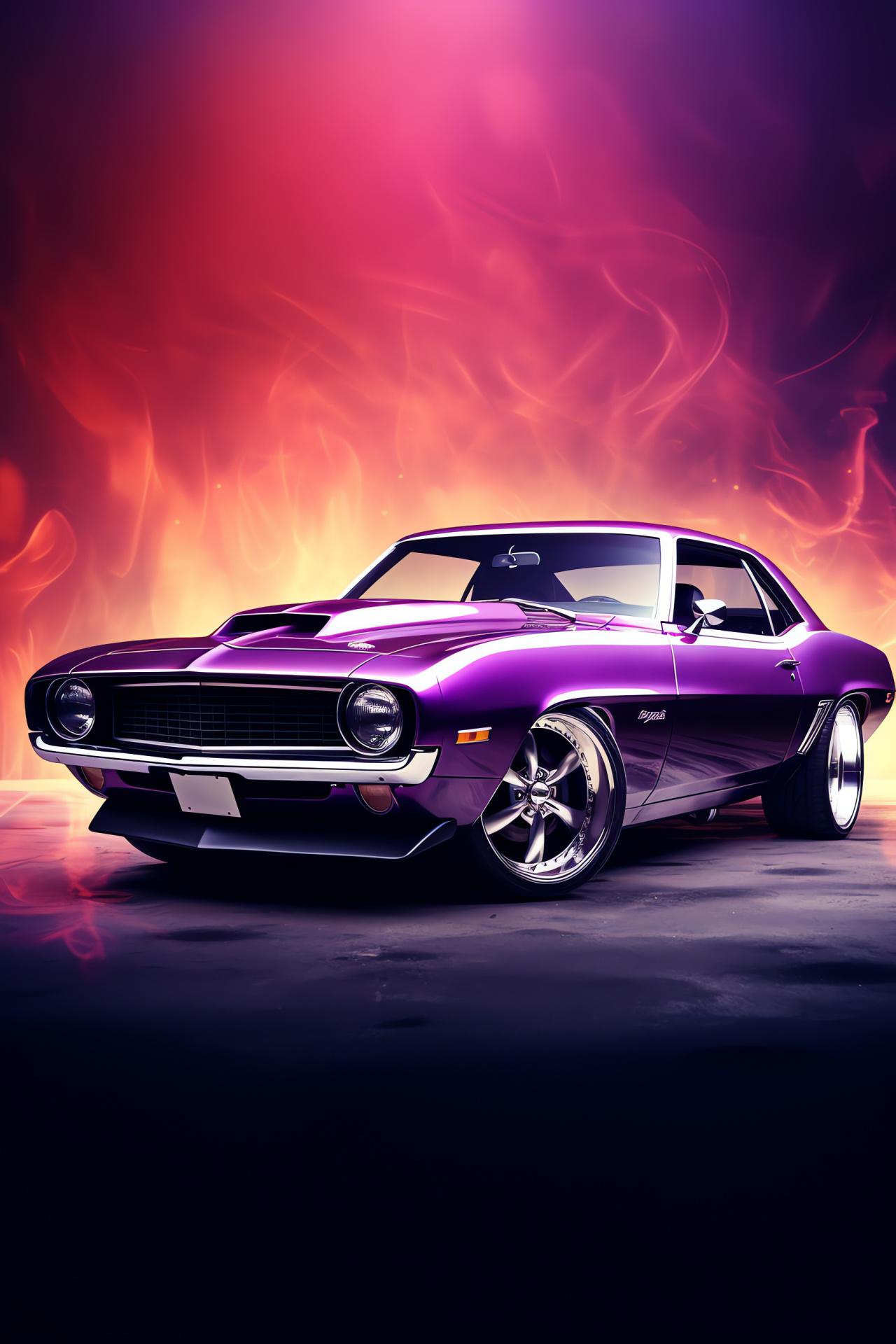 Metallic purple muscle car, Muscular automotive design, Wide-angle car perspective, Eye-catching color choice, HD Phone Wallpaper