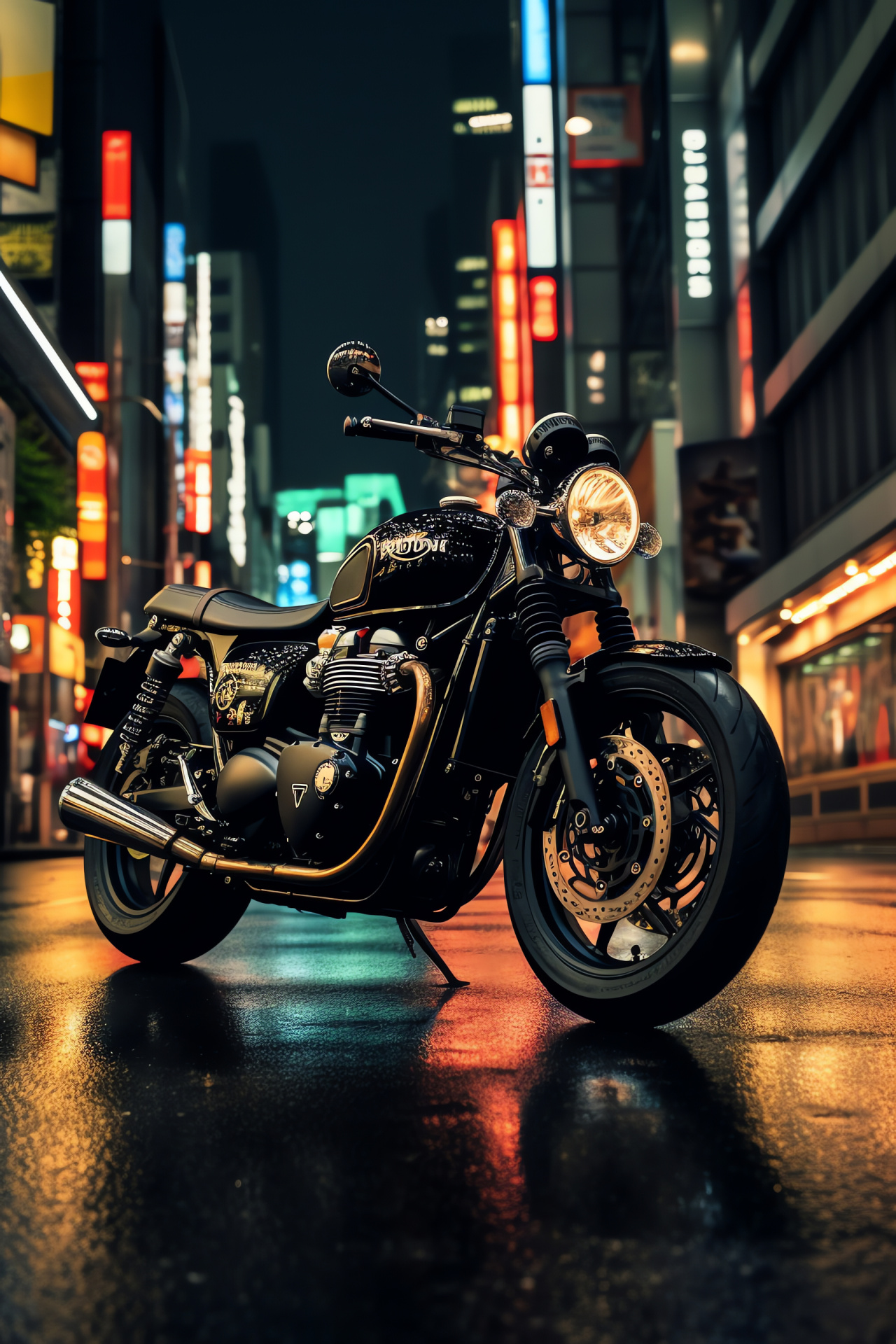 Triumph Bonneville T100 Black, Shibuya cityscape, Night illumination, Urban rider, Metropolitan statues, HD Phone Wallpaper