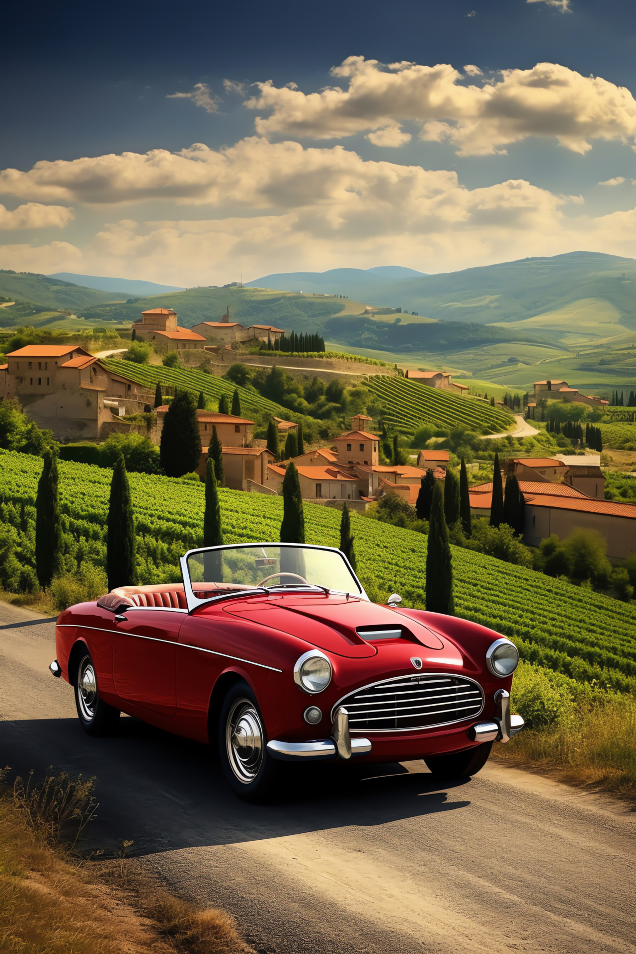 Convertible car in Italy, Countryside drive, Red classic car, Scenic vineyard road, Italian automotive culture, HD Phone Image