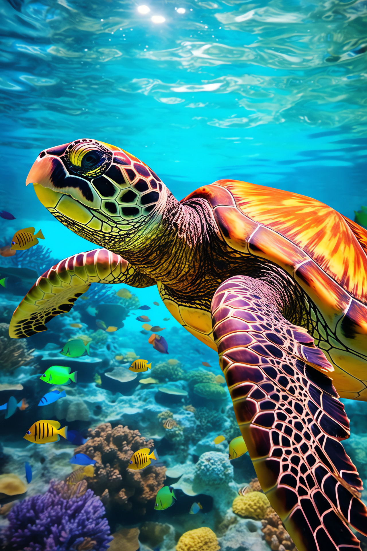 Sea turtle reef, underwater beauty, colorful carapace, marine exploration, coral habitat, HD Phone Image