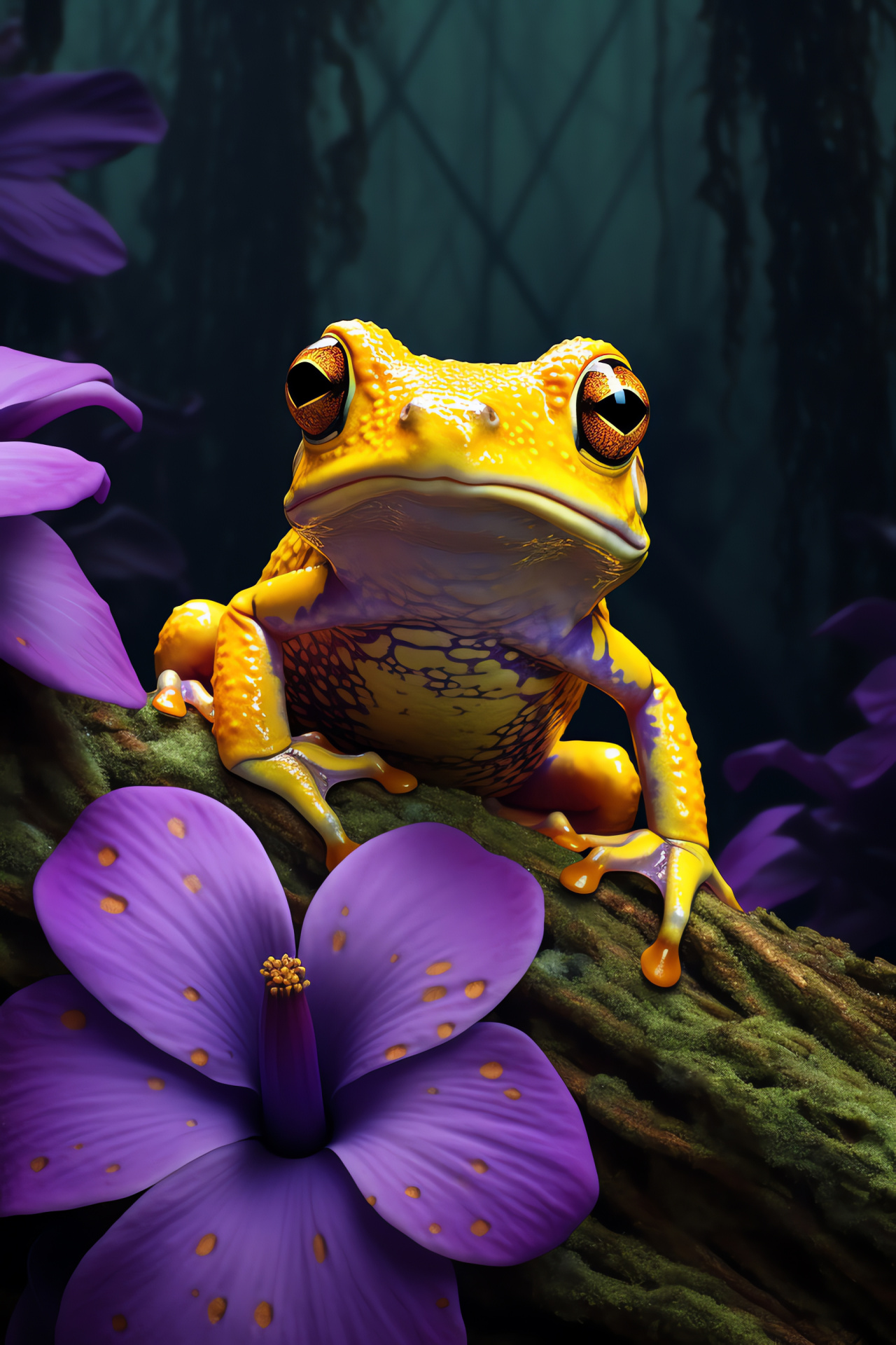 Amphibian Tree Frog, Yellow amphibian, Black-eyed creature, Vibrant flora interaction, Unique skin texture, HD Phone Image