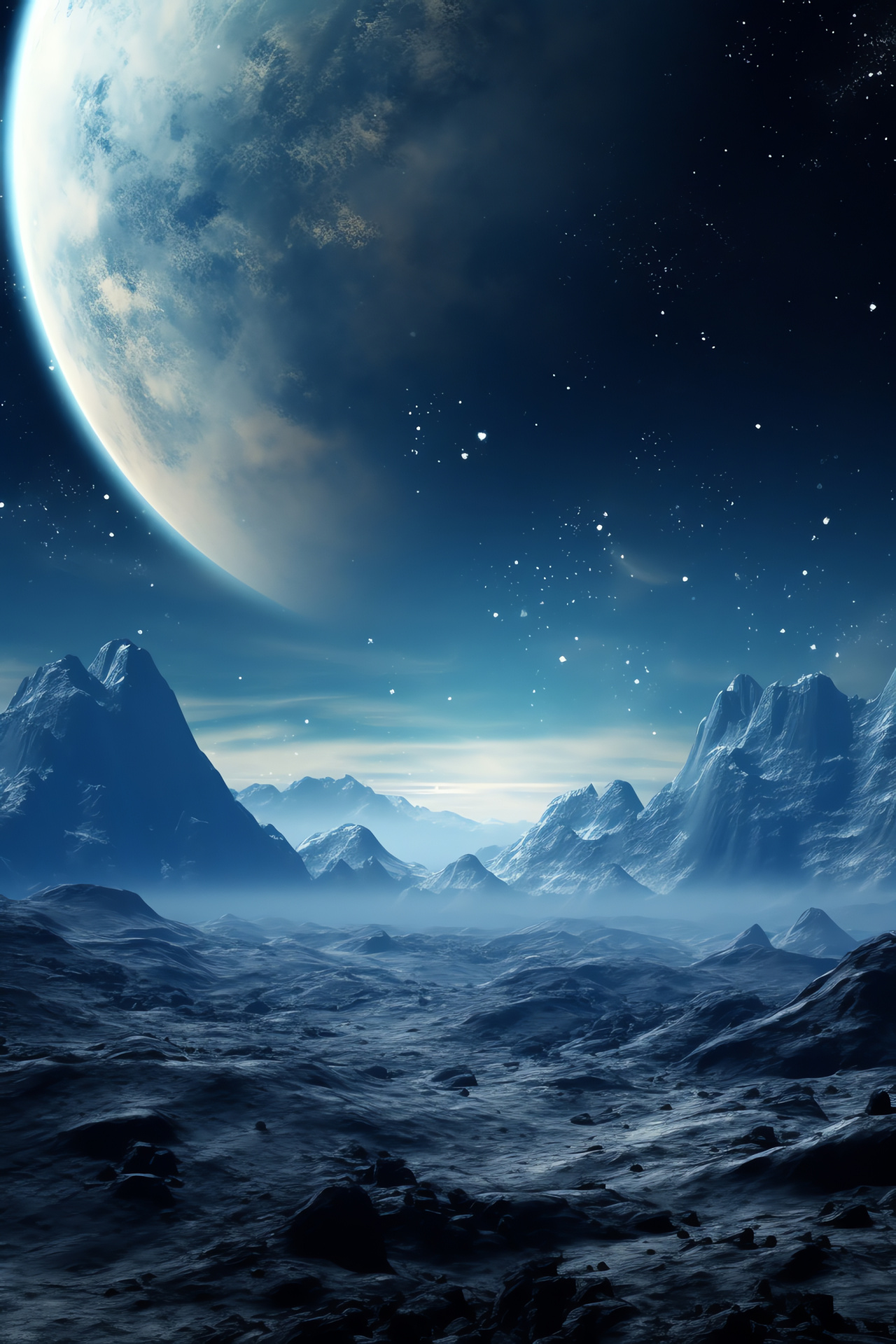 Outer Space, Lunar surface, Extraterrestrial scenery, Mountainous silhouette, Moon exploration, HD Phone Wallpaper