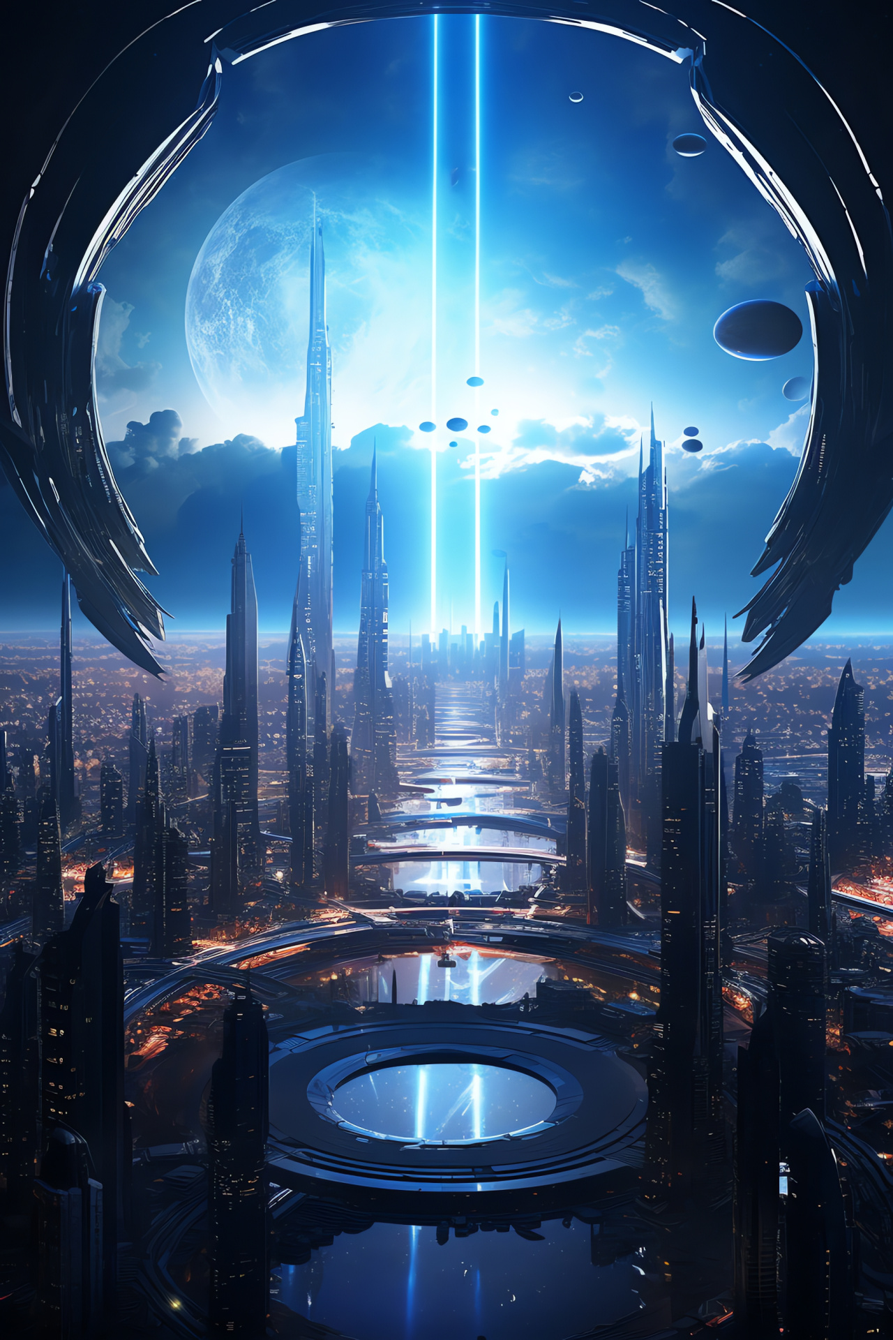 Speculative fiction, Intergalactic metropolis, Urban heights, Architectural wonders, Radiant illumination, HD Phone Wallpaper