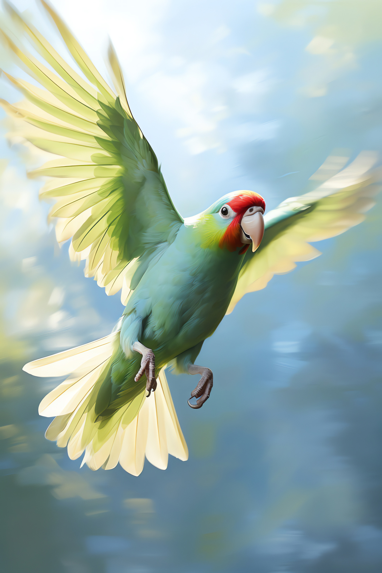 Green parakeet, exotic birds, red beaked parrots, sunlit cages, mid-air poses, HD Phone Image