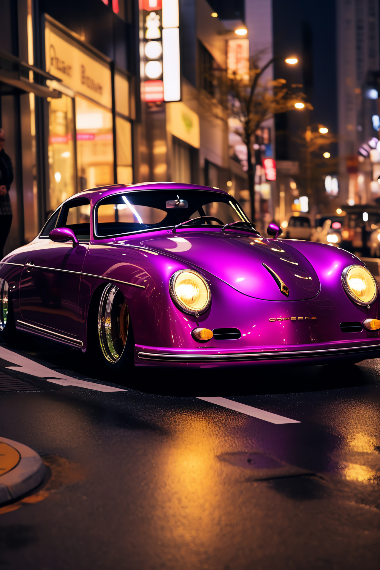 Tokyo night Porsche 356 Speedster, Futuristic metallic purple, JDM wide fenders, Glowing neon city, Megacity allure, HD Phone Image