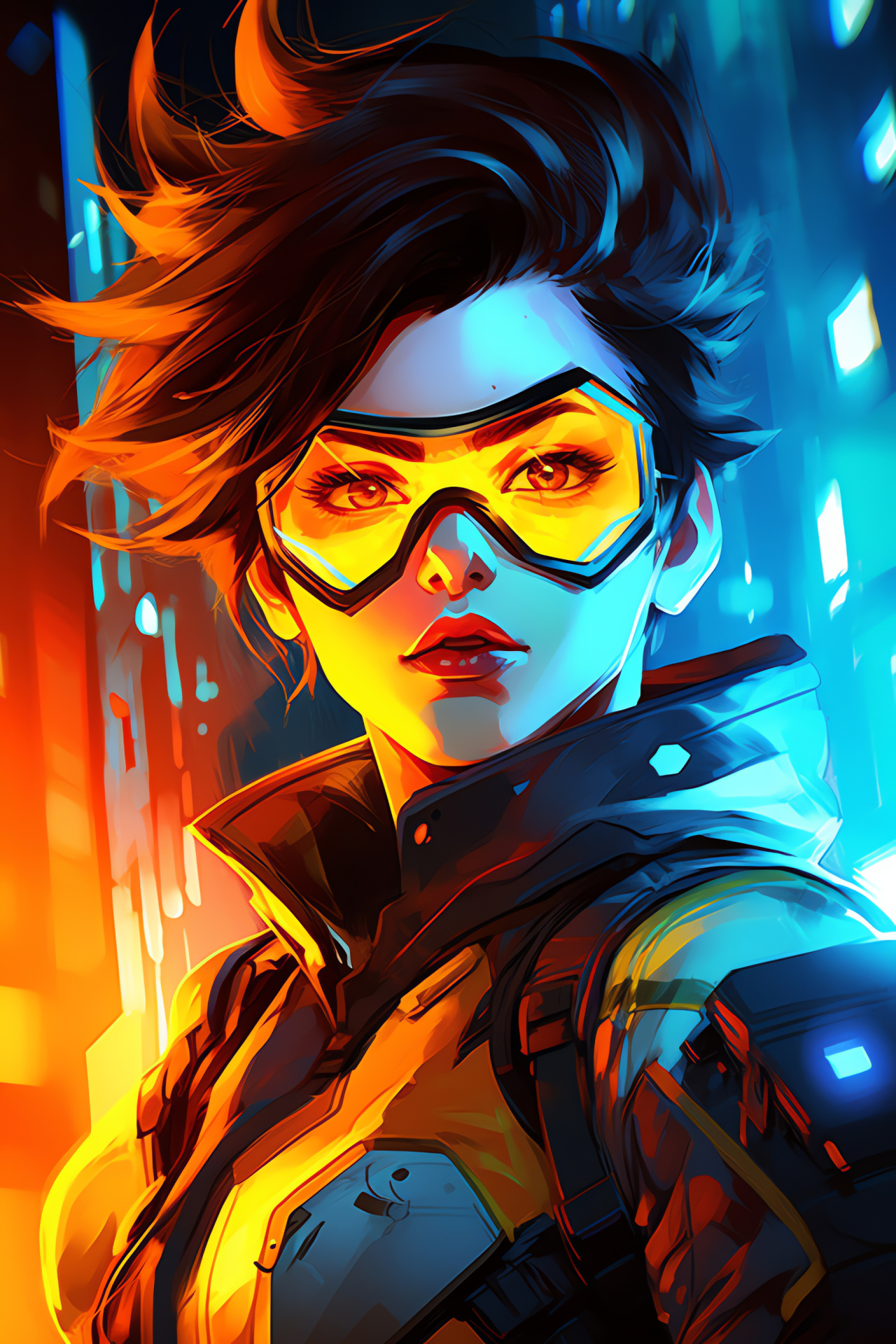 Overwatch Tracer in action, Dynamic game character, High-speed gaming, Sci-fi setting, Neon-lit battle, HD Phone Wallpaper