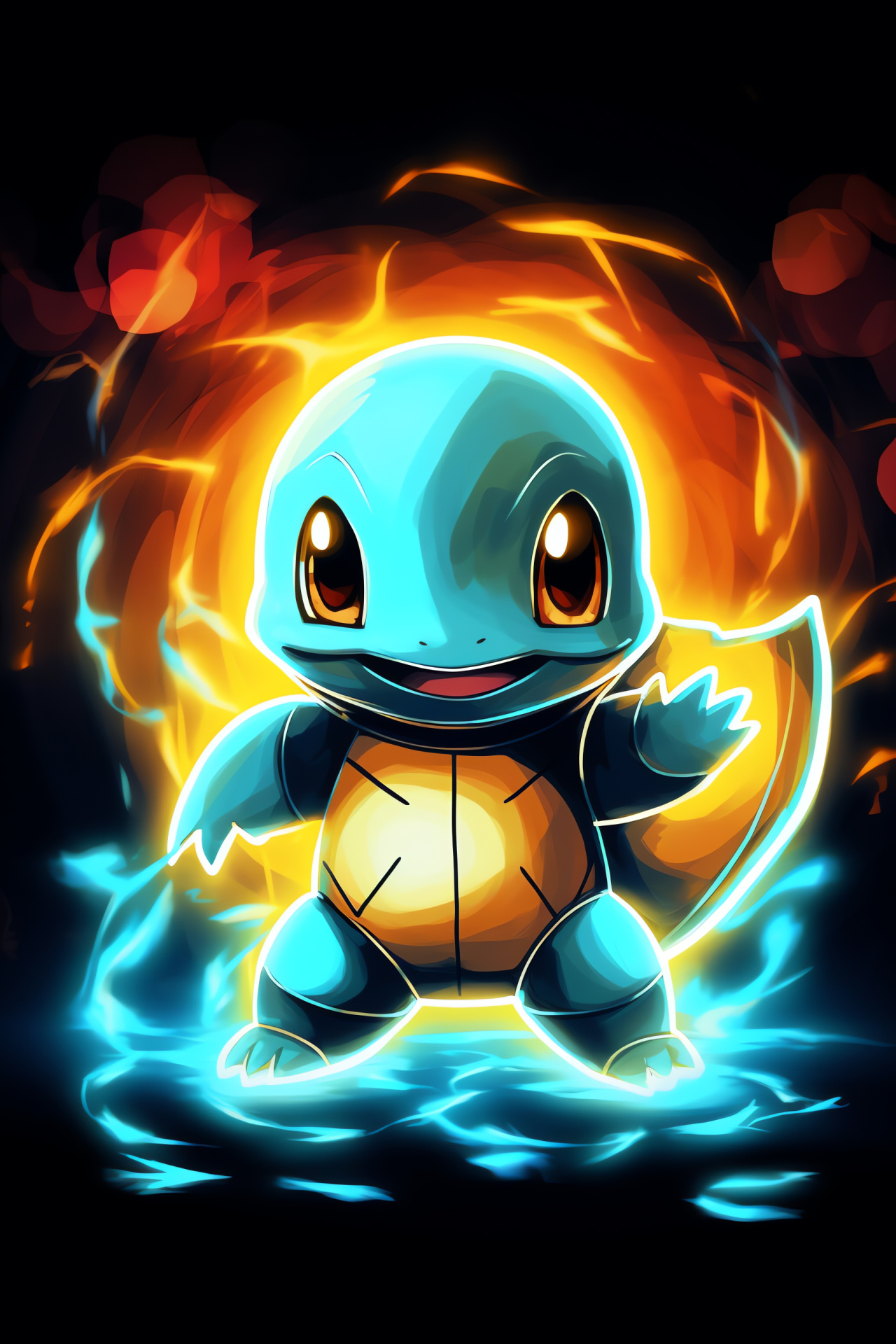 Squirtle depiction, Aqua-animal shell, Enthusiastic stature, Hydro cannon depiction, Luminous linear backdrop, HD Phone Image