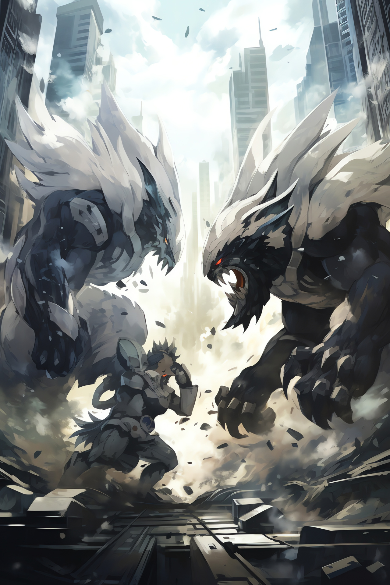 Pokemon Black and White series, Opelucid urban setting, White dragon narrative, Black dragon counterpart, Showdown scene, HD Phone Wallpaper