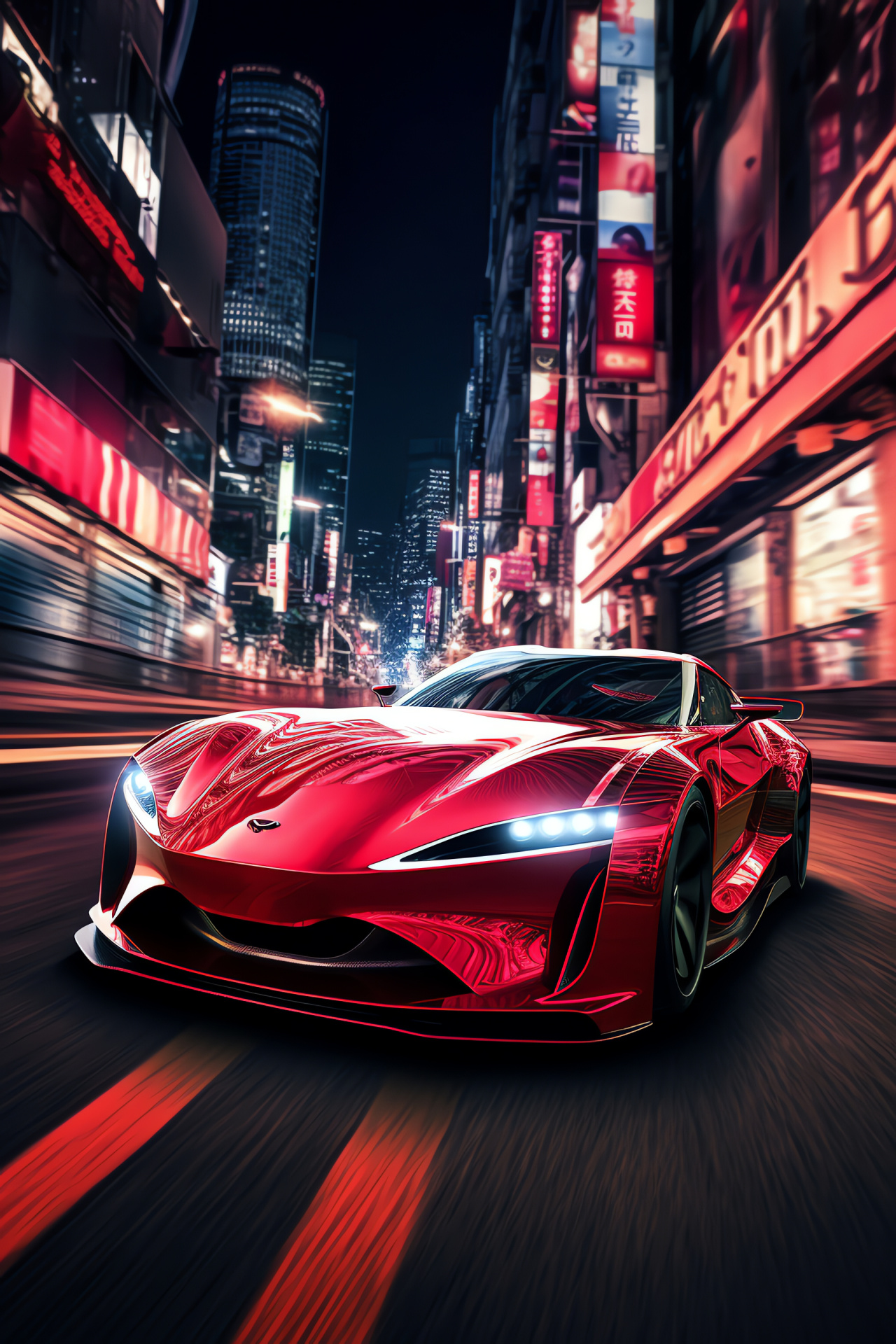 Sporty red vehicle, Tokyo streets, Urban night life, Dynamic sports car, Neon city vibe, HD Phone Wallpaper