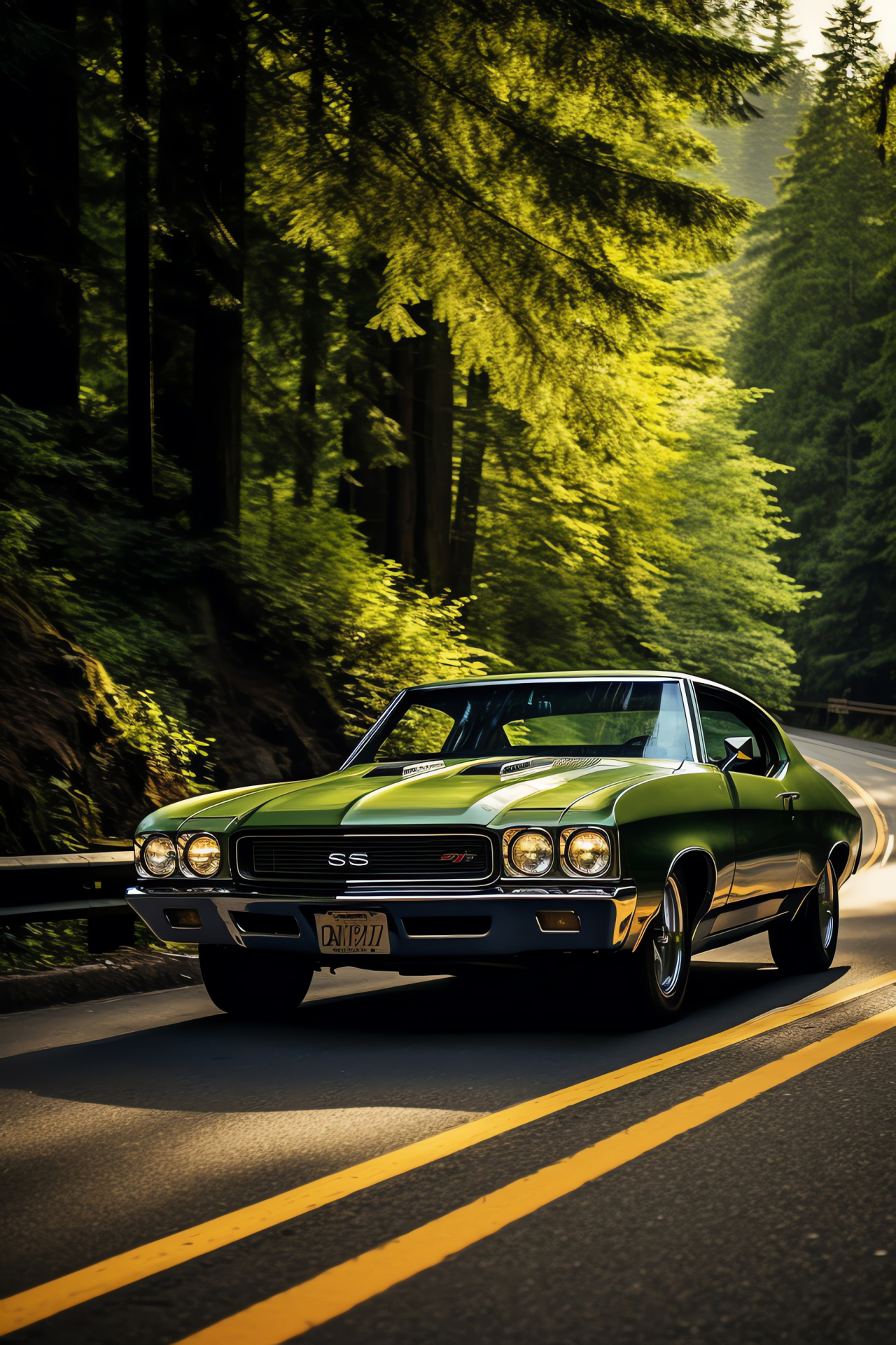 Muscle car maneuver, Buick Skylark GSX, winding mountain path, greenery framed route, auto precision, HD Phone Wallpaper