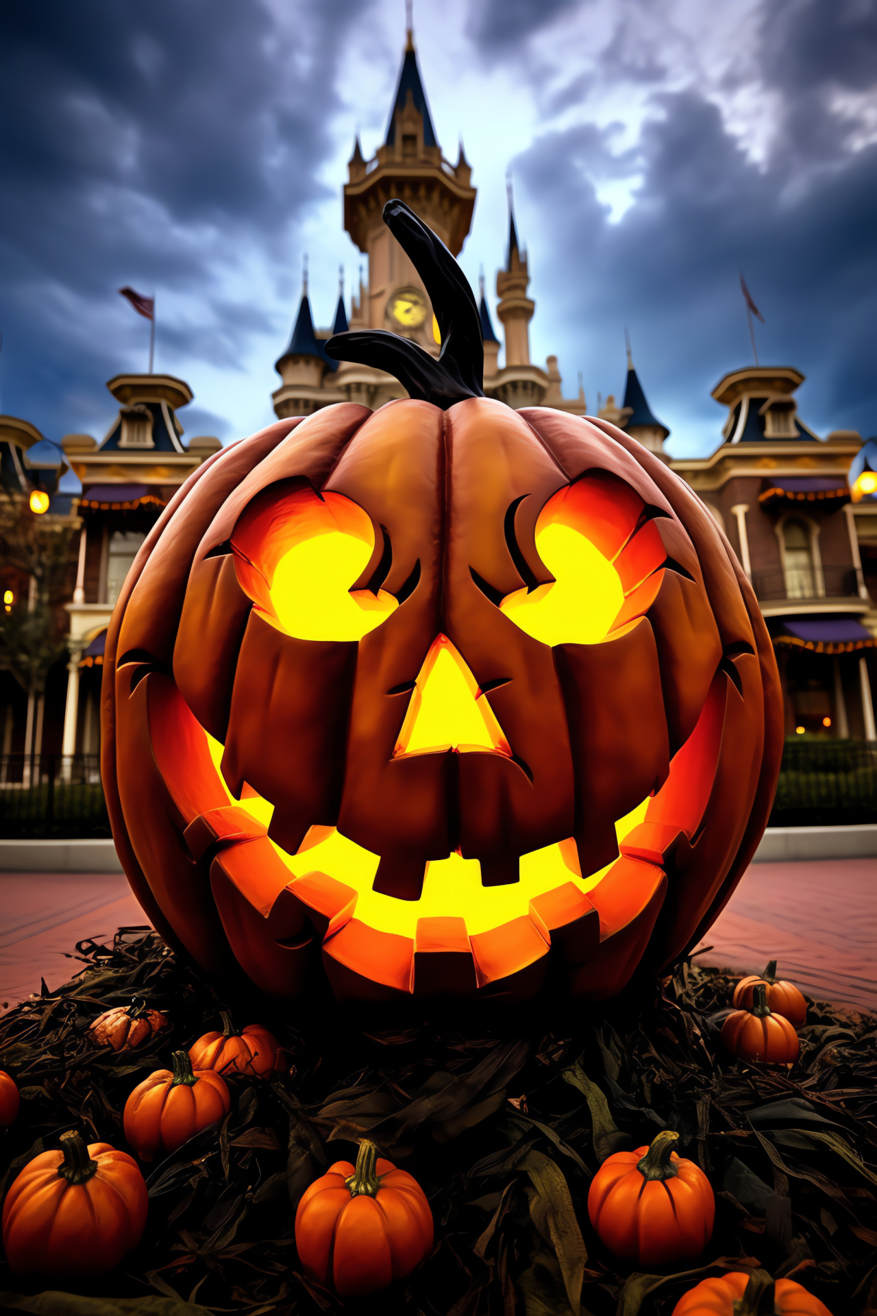 Thrilling Halloween carnival, Eerie pumpkin king, Spooky jack-o'-lanterns, Haunted house attractions, Autumn holiday, HD Phone Image