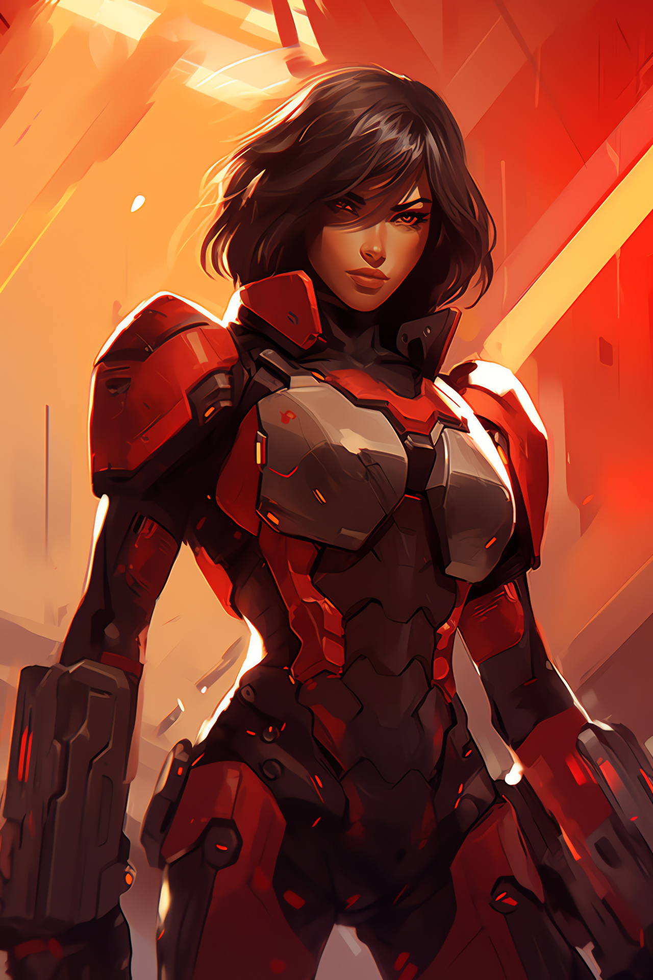 Pharah, Battle-crafted hero, Overwatch red theme, Weapon in readiness, Single-tone canvas, HD Phone Wallpaper