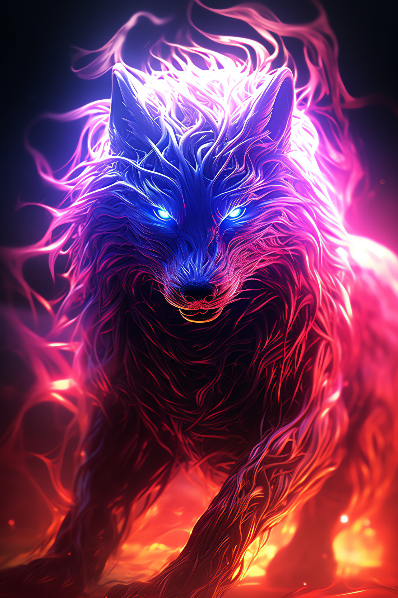 Dynamic Neon Wolf, Illuminated purple and blue fur, Animated full-length pose, Electric backdrop design, Symbol of power, HD Phone Wallpaper