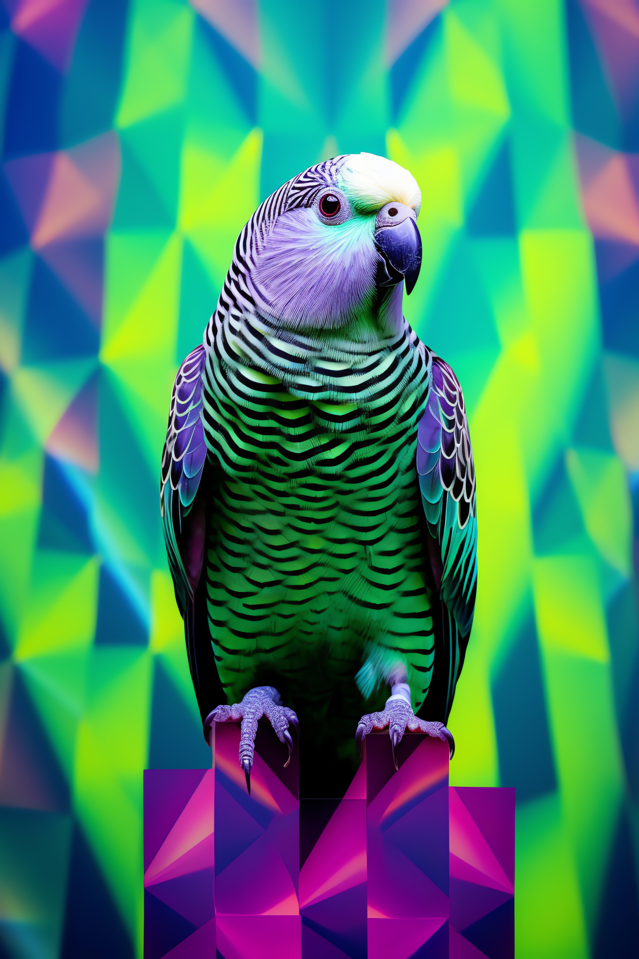 Multicolored parakeet, Avian perch, Pet bird, Geometric avian backdrop, Ornithological interest, HD Phone Image