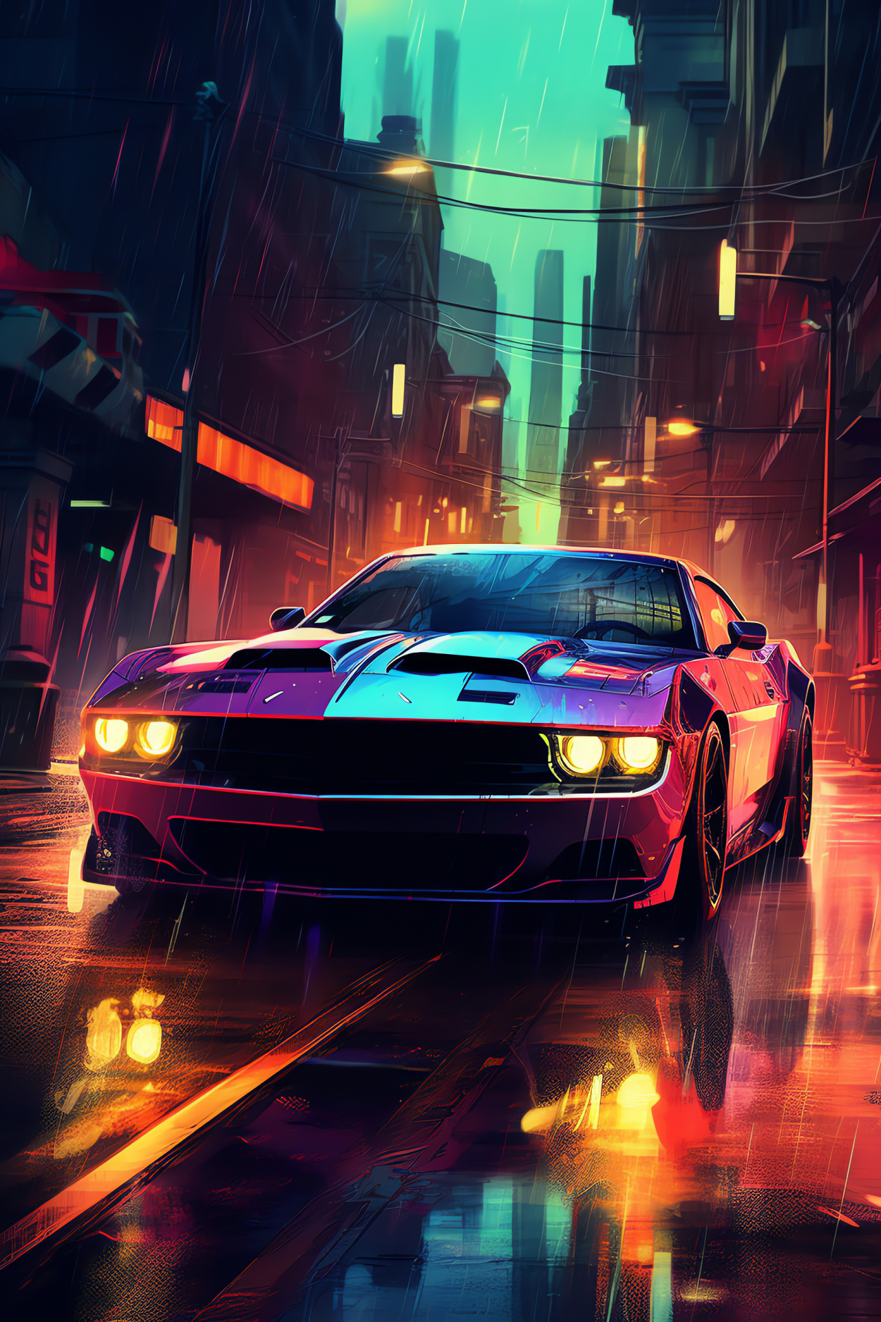 Muscle car, Urban landscape, Wet city pavement, Neon bright future, Aerodynamic silhouette, HD Phone Wallpaper