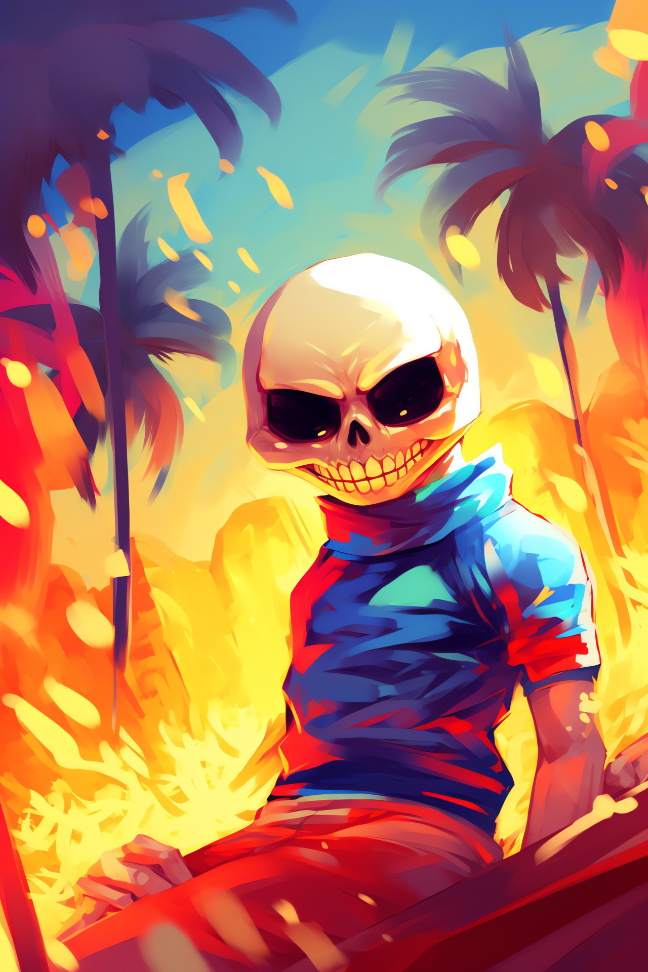 Sans character leisure, Beachside locale, Undertale game depiction, Resort palm trees, Hotland scenario, HD Phone Wallpaper