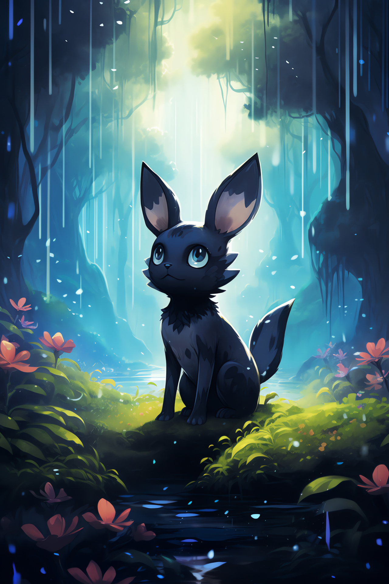 Umbreon in storm, Pokmon genre, Electric tempest, Clearing under moonlight, Gleaming precipitation, HD Phone Wallpaper