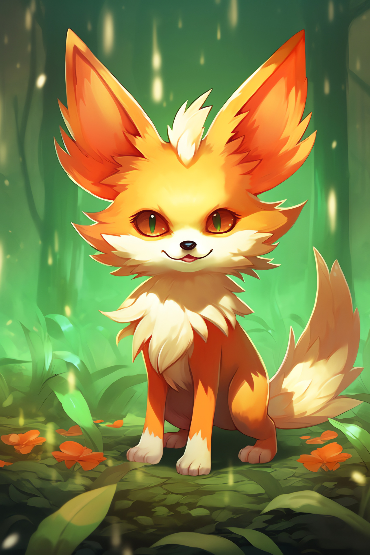 Fennekin portrait, Red-eyed creature, Luminous pelt, Green scenery contrast, Fire-type display, HD Phone Wallpaper