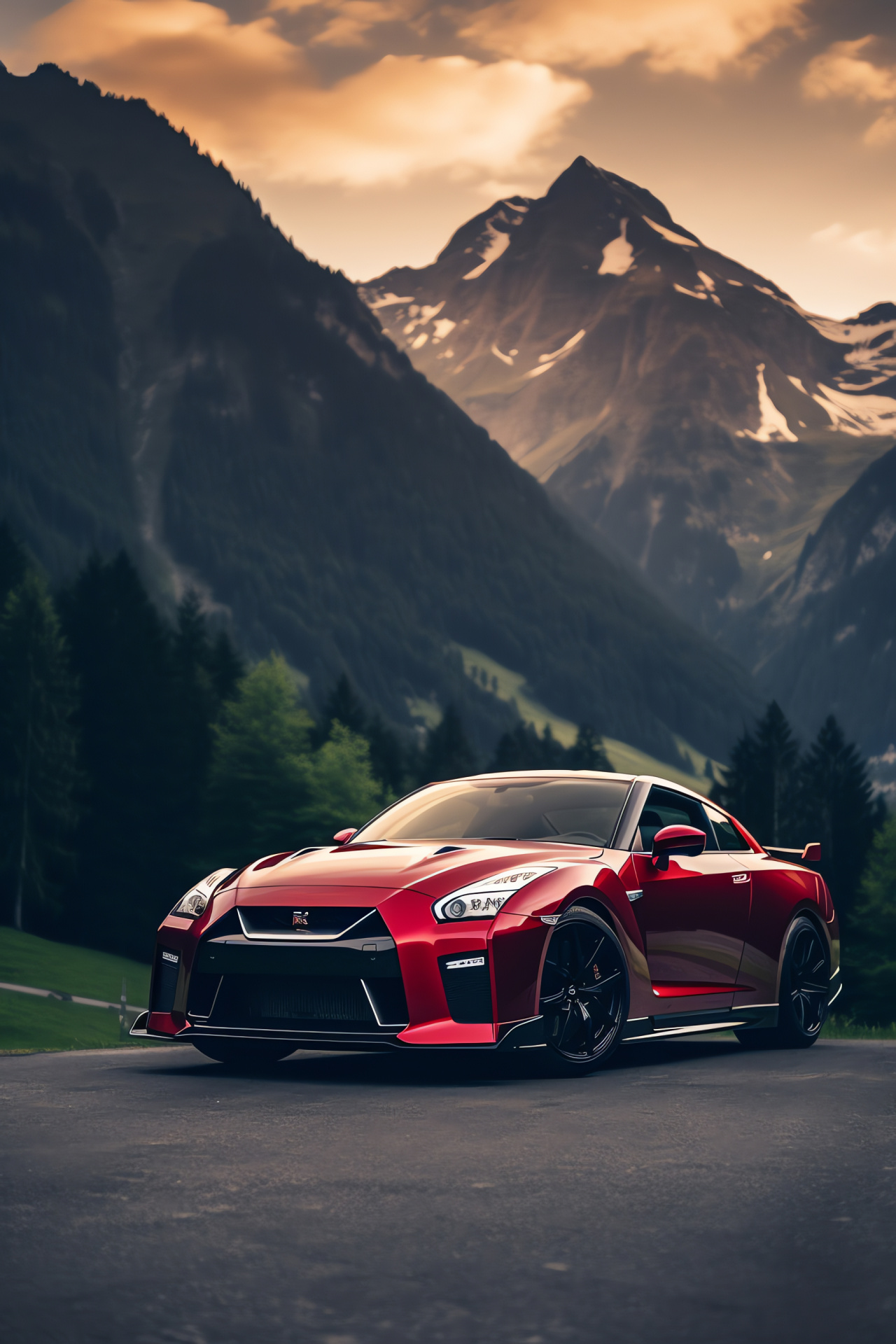 Nissan GTR HD edition, Alpine mountain roads, GT-R50 model, Black and red livery, Challenging alpine routes, HD Phone Wallpaper