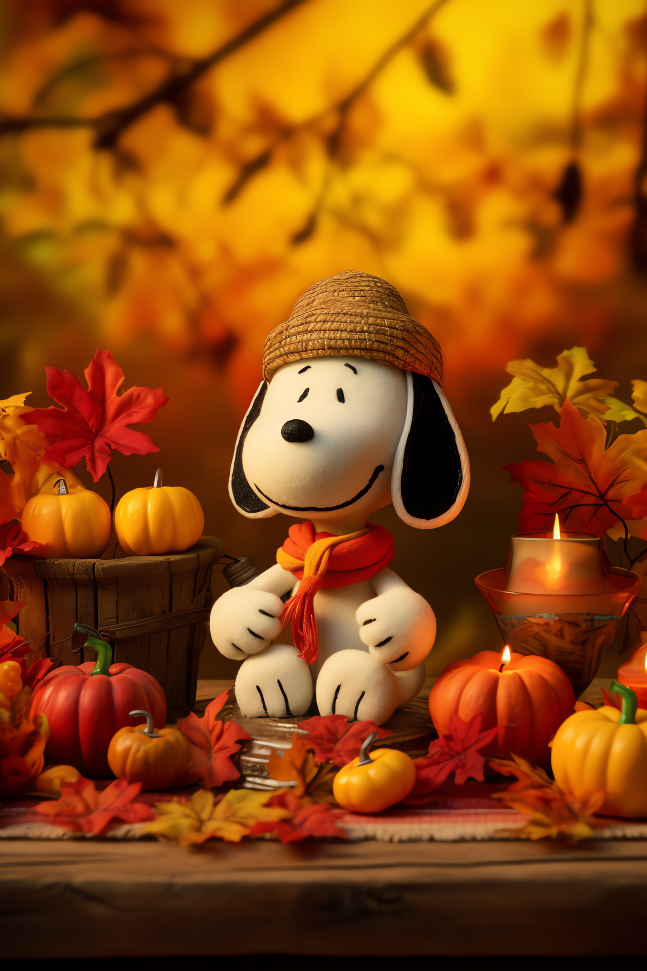 Festive cartoon imagery, Snoopy Woodstock, Thanksgiving meal, Ornamental fabric, Holiday setting, HD Phone Image