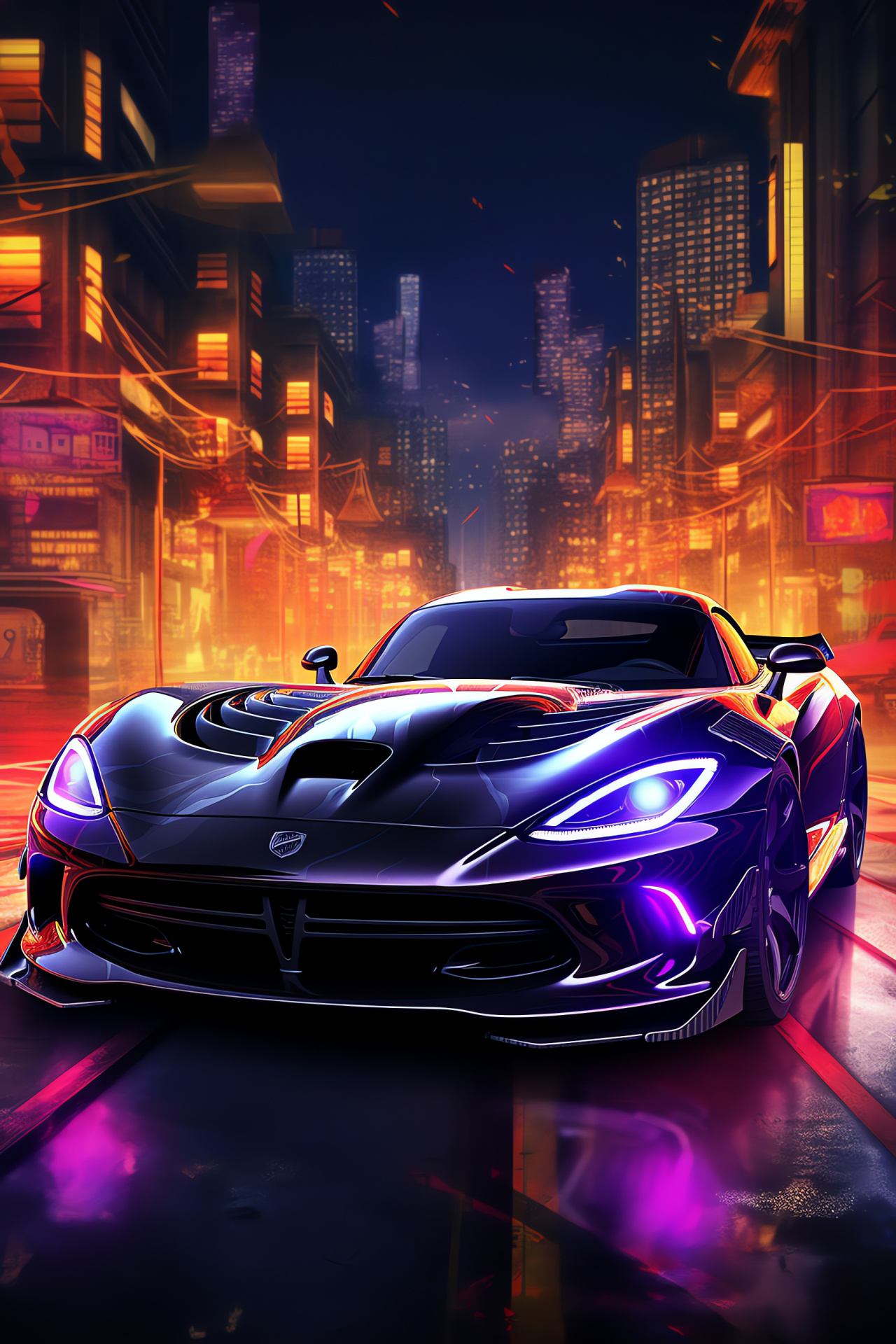 Srt Viper GTC, metropolis nightscape, city lights, sportscar silhouette, black elegance, HD Phone Wallpaper