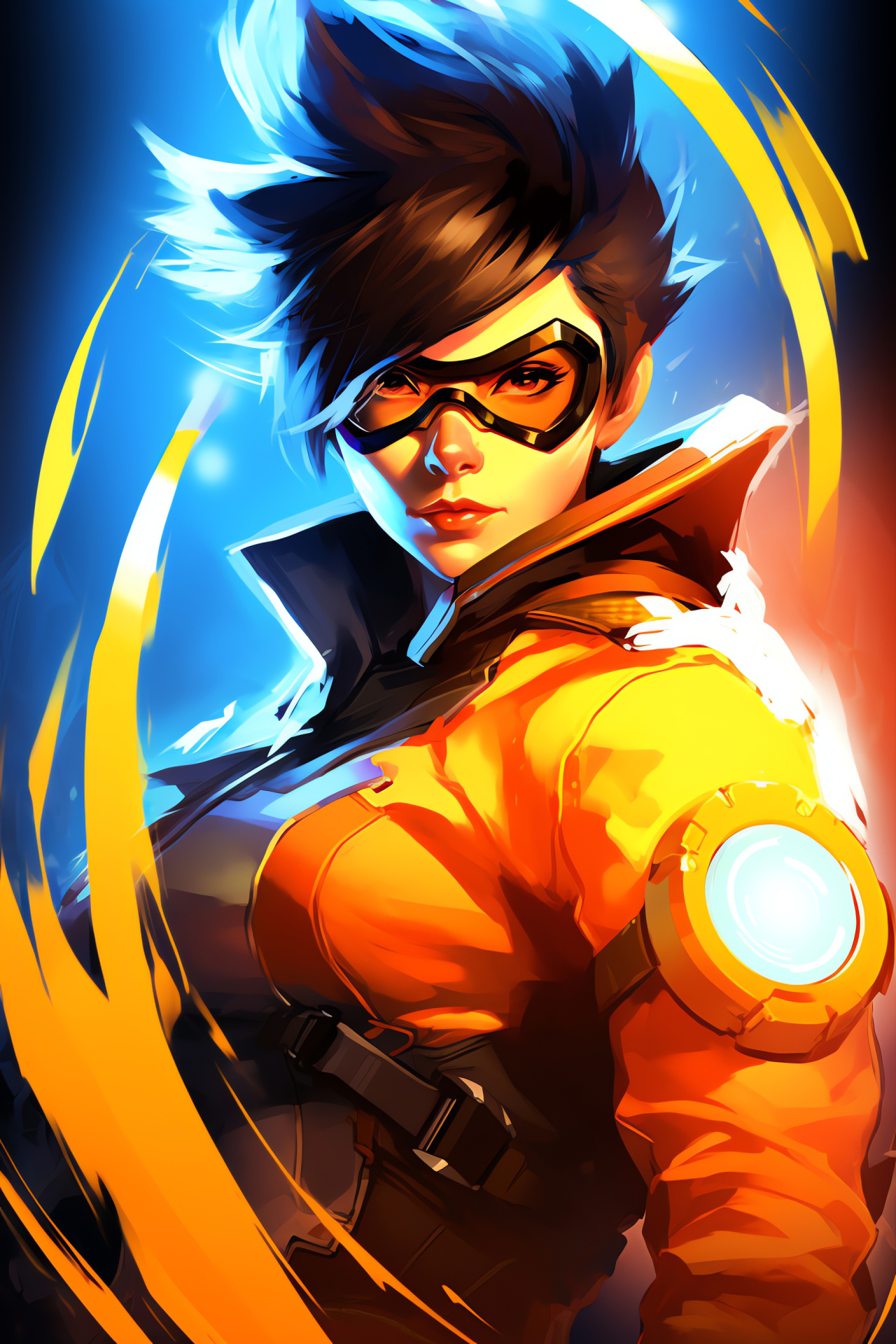 Overwatch game Tracer, Emblematic hero, Tri-colour spectacle, Daring demeanor, Game scene, HD Phone Wallpaper