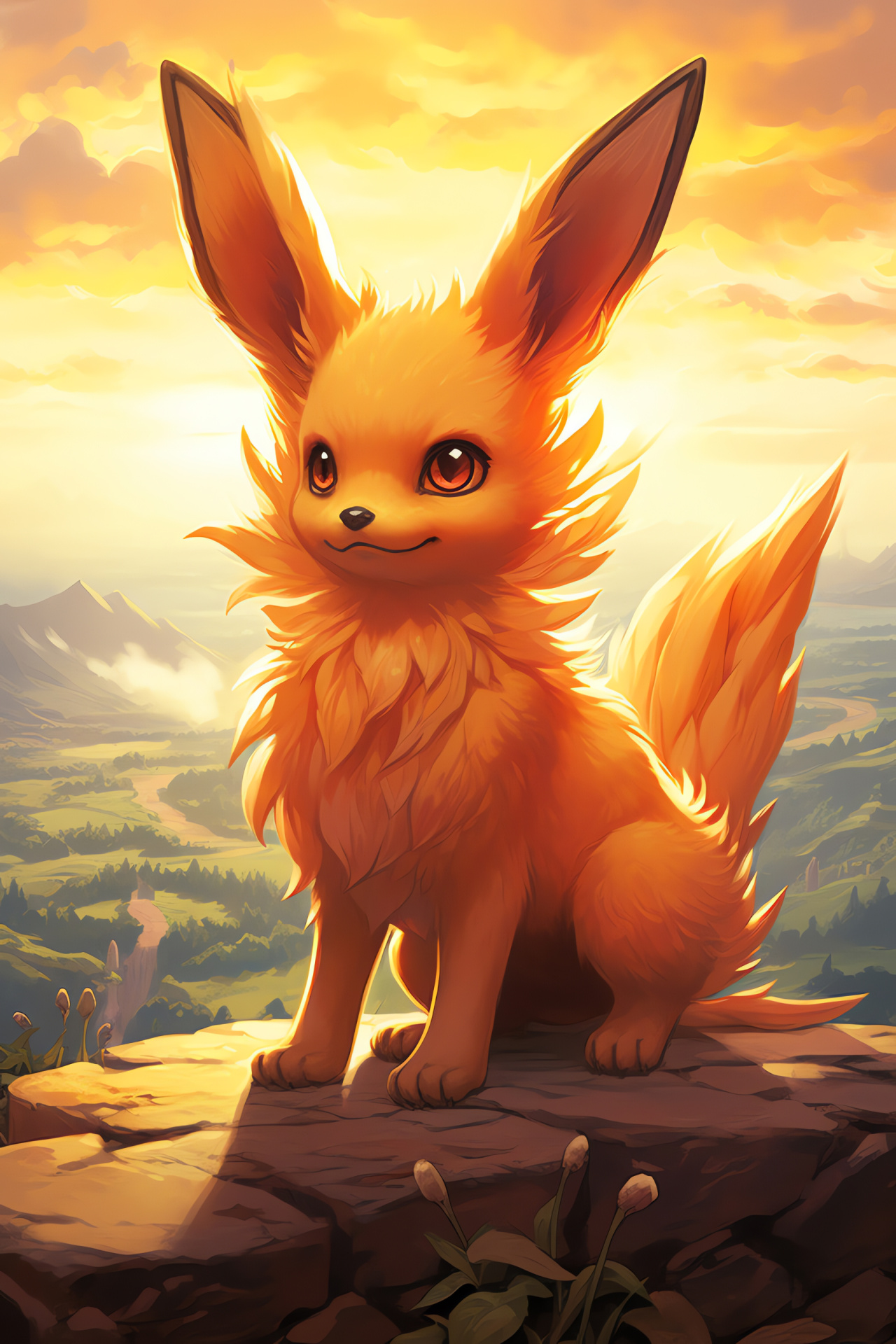 Iconic Eevee and kin, Transformation Flareon, Luminous evolution, Canine breed, Full-figure depiction, HD Phone Wallpaper